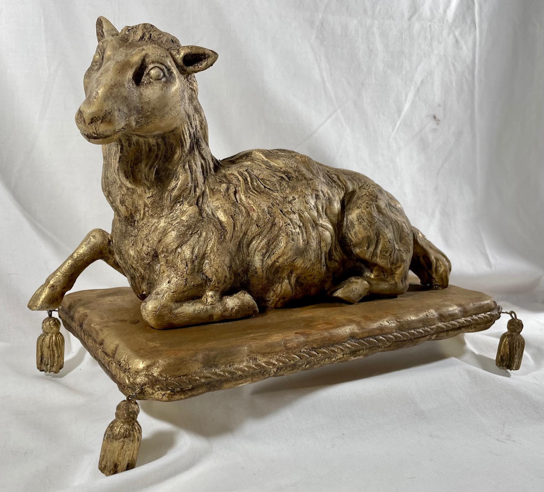Baroque Antique Wood Carved Agnus Dei Paschal Lamb on Stand