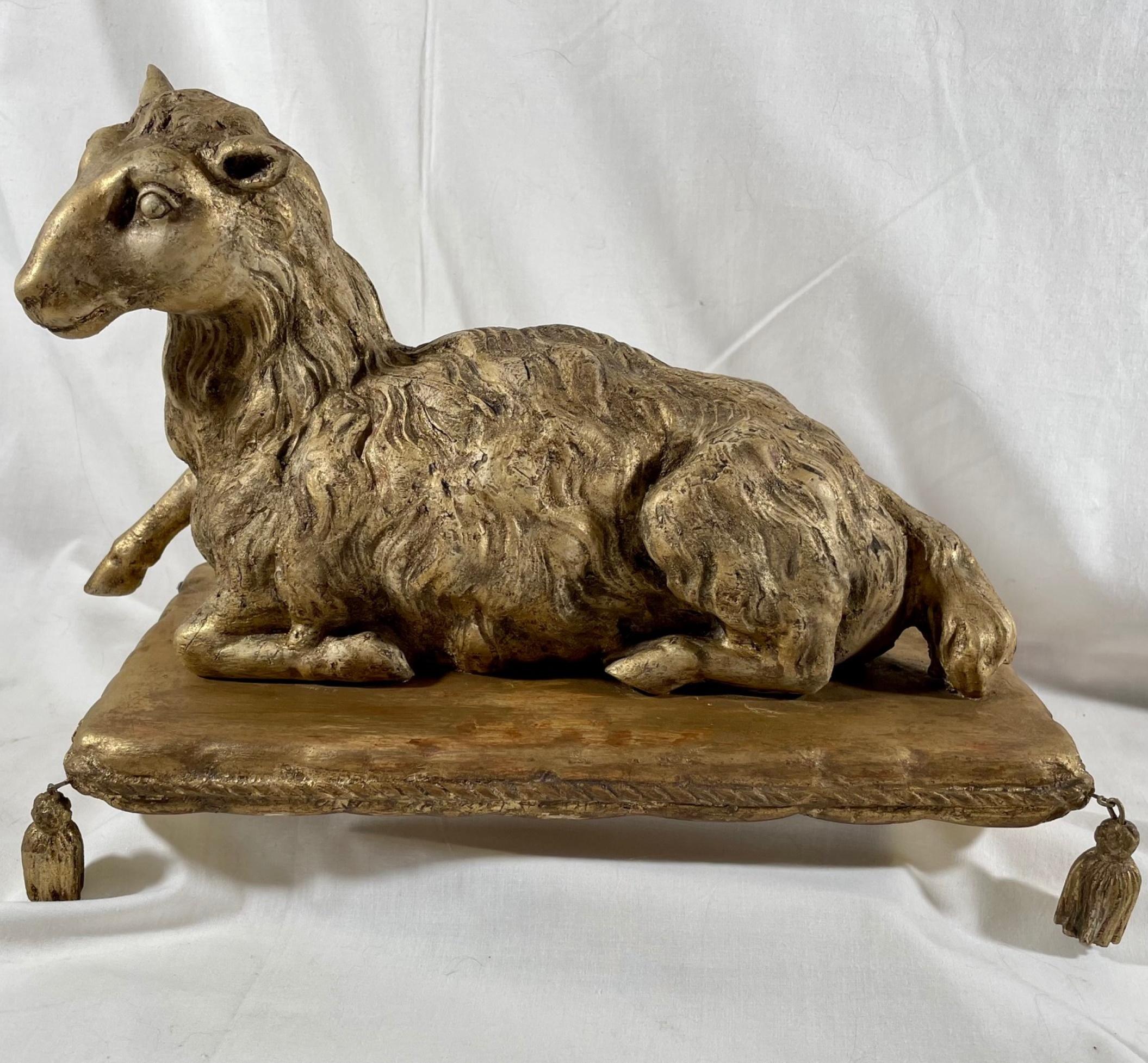German Antique Wood Carved Agnus Dei Paschal Lamb on Stand