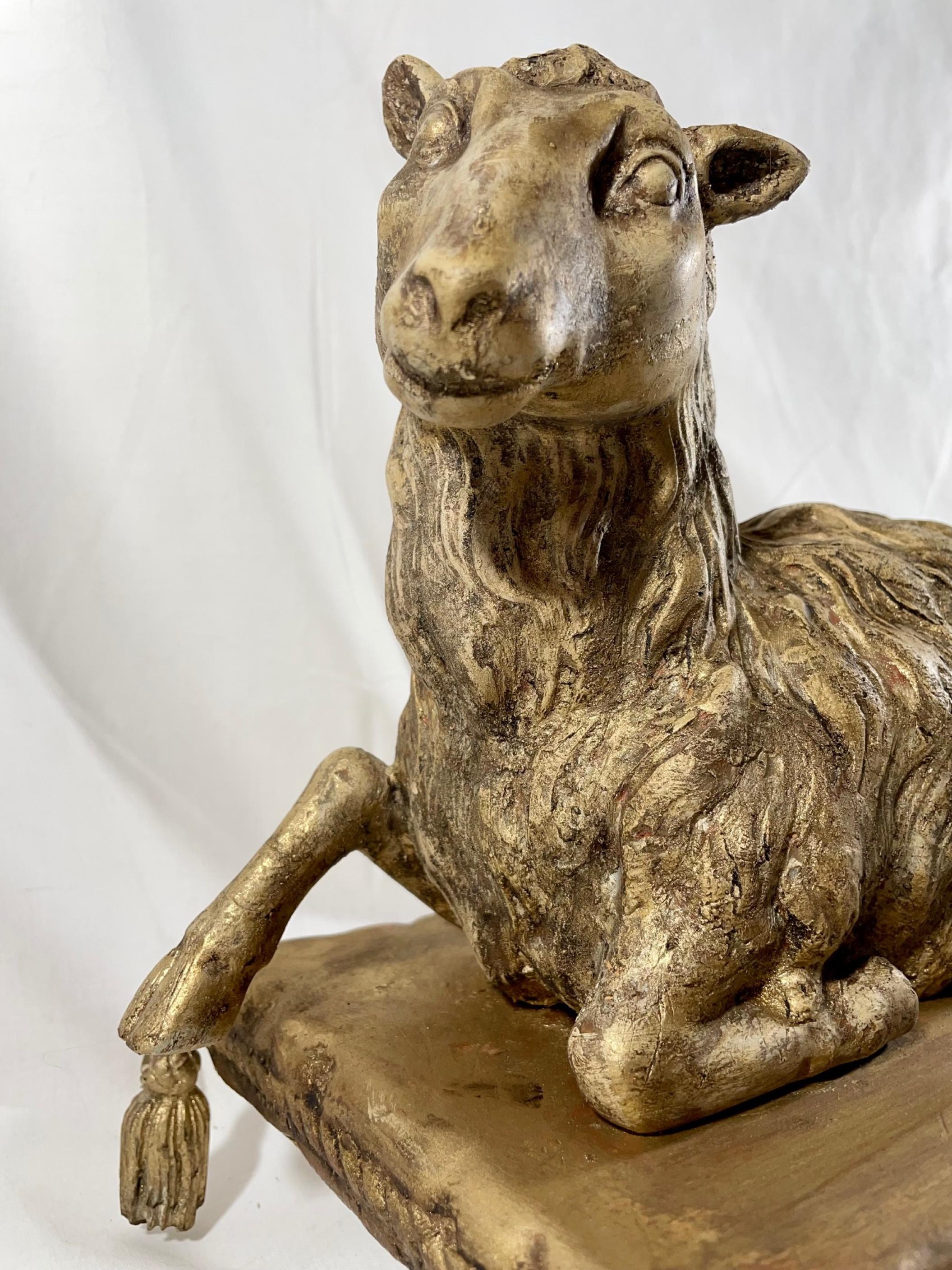 Hand-Carved Antique Wood Carved Agnus Dei Paschal Lamb on Stand