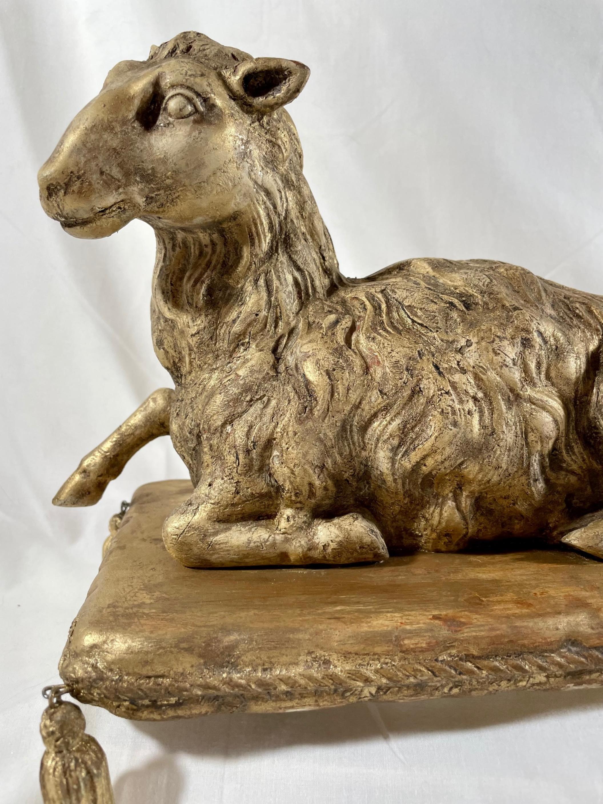 Giltwood Antique Wood Carved Agnus Dei Paschal Lamb on Stand