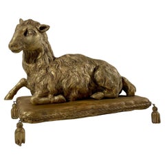 Antique Wood Carved Agnus Dei Paschal Lamb on Stand