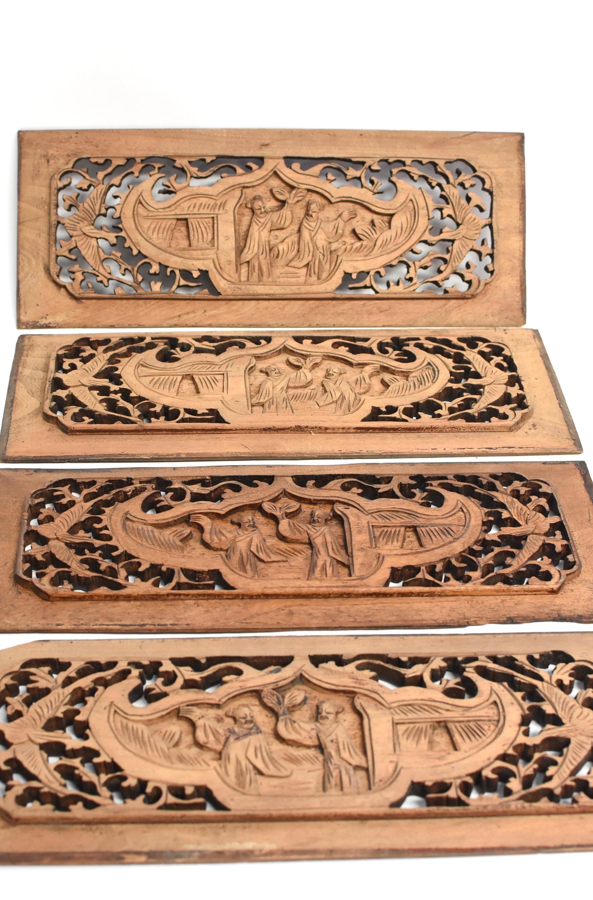 Antique Wood Carving Good Fortune Set of 4 For Sale 2