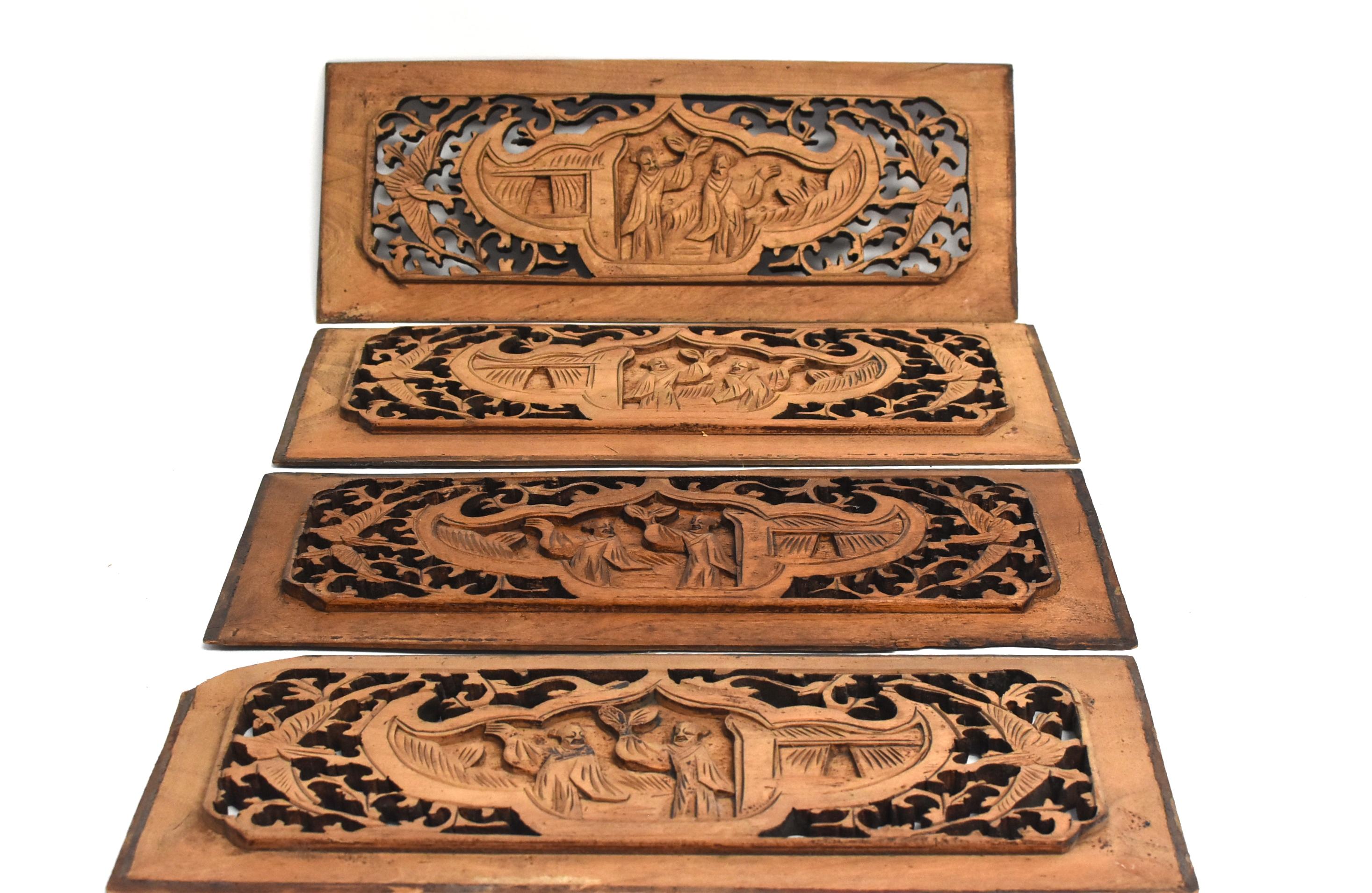 Qing Antique Wood Carving Good Fortune Set of 4 For Sale