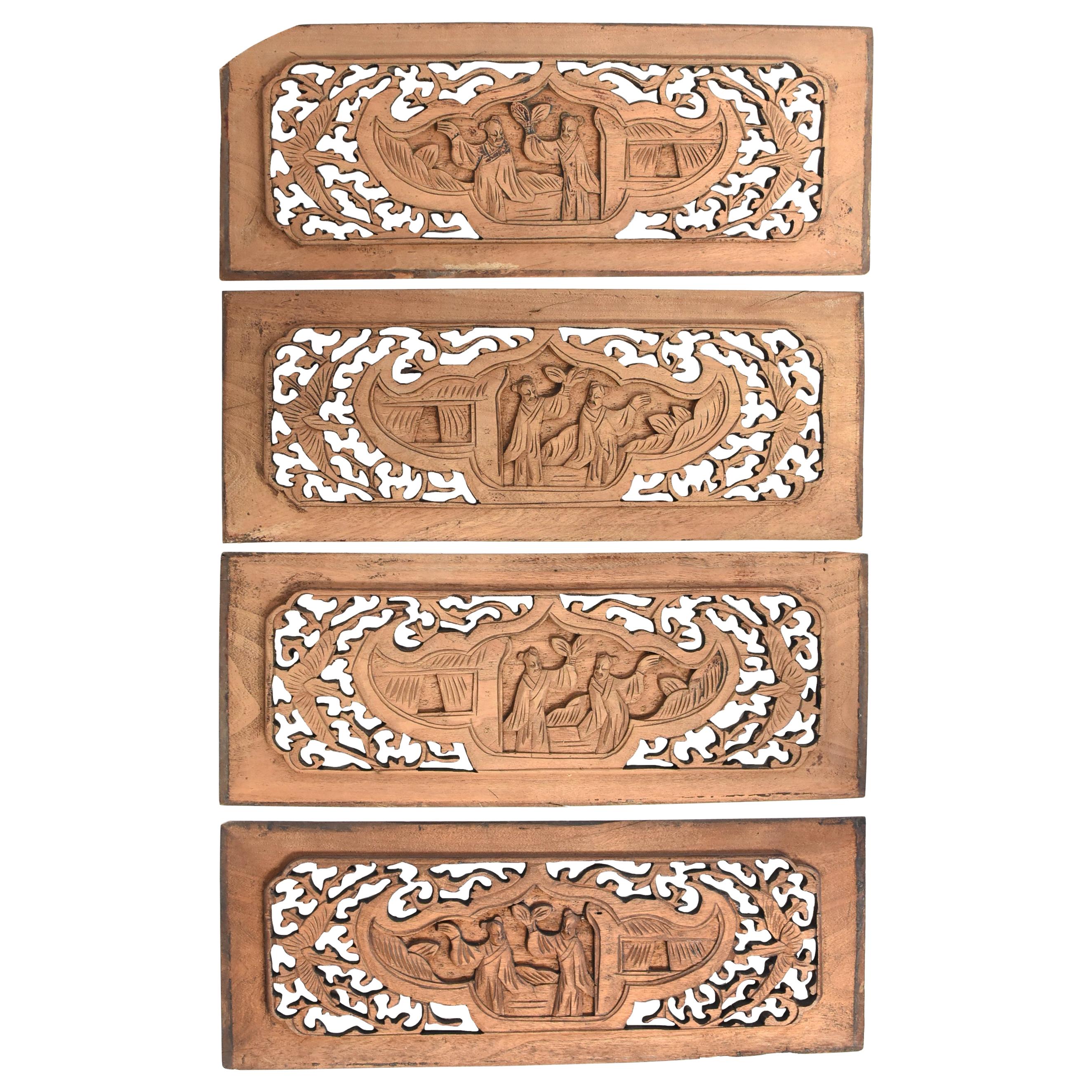 Antique Wood Carving Good Fortune Set of 4 For Sale