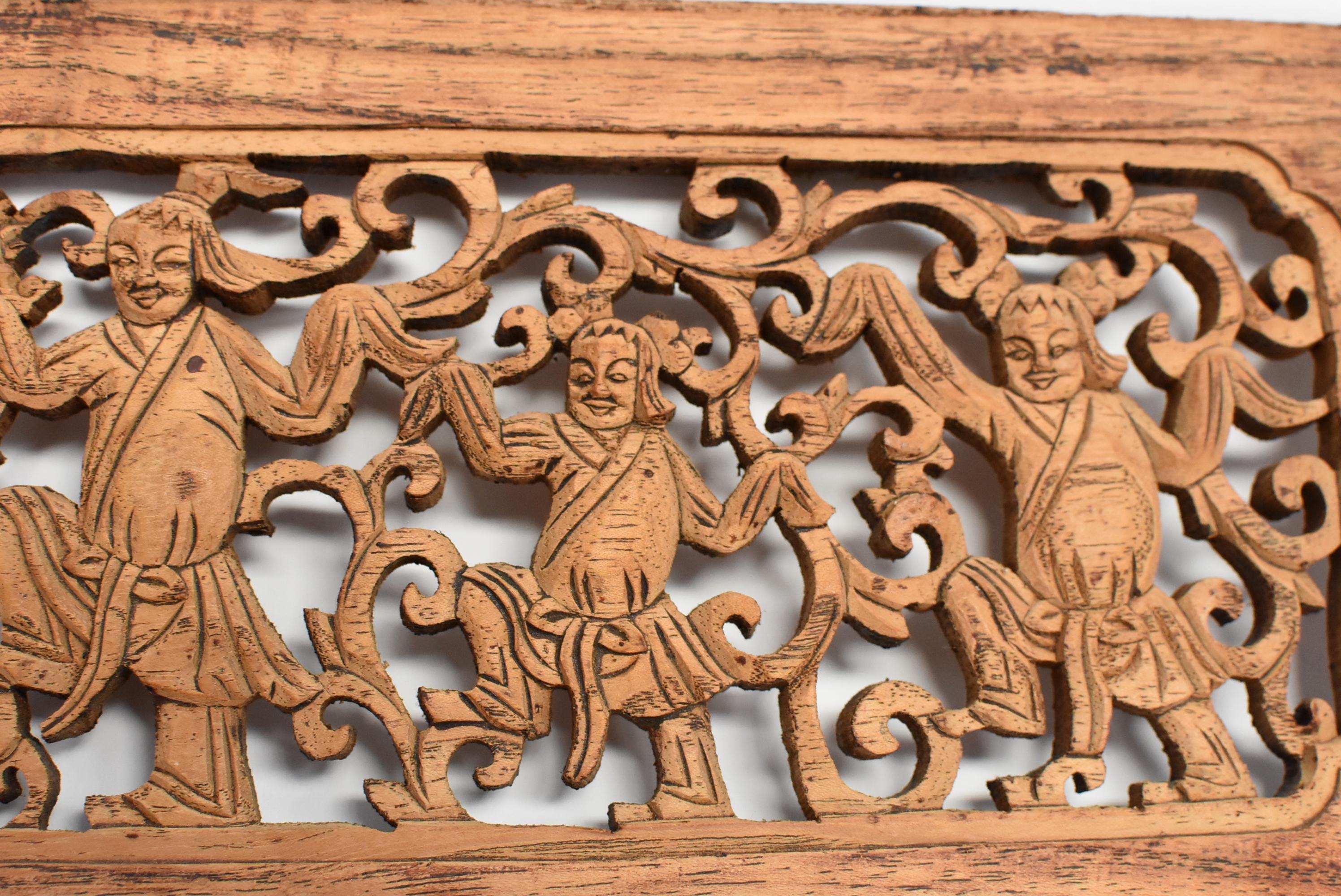 Hand-Carved Antique Wood Carving Panel, Dancers