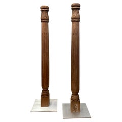 Antique Wood Column on Custom Steel Base (Set of 2)