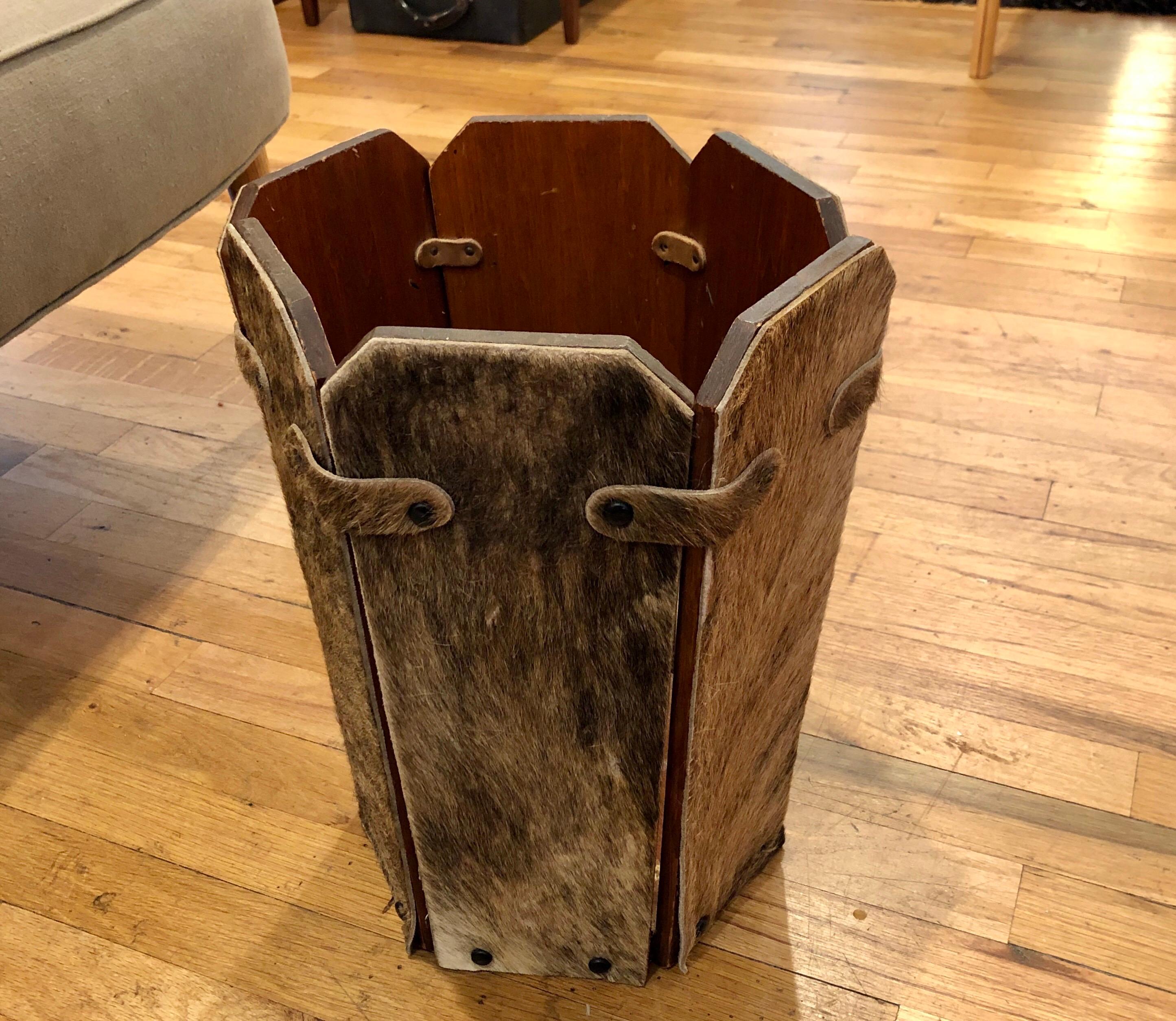 American Antique Wood Cowhide Covered Rustic Waste Basket