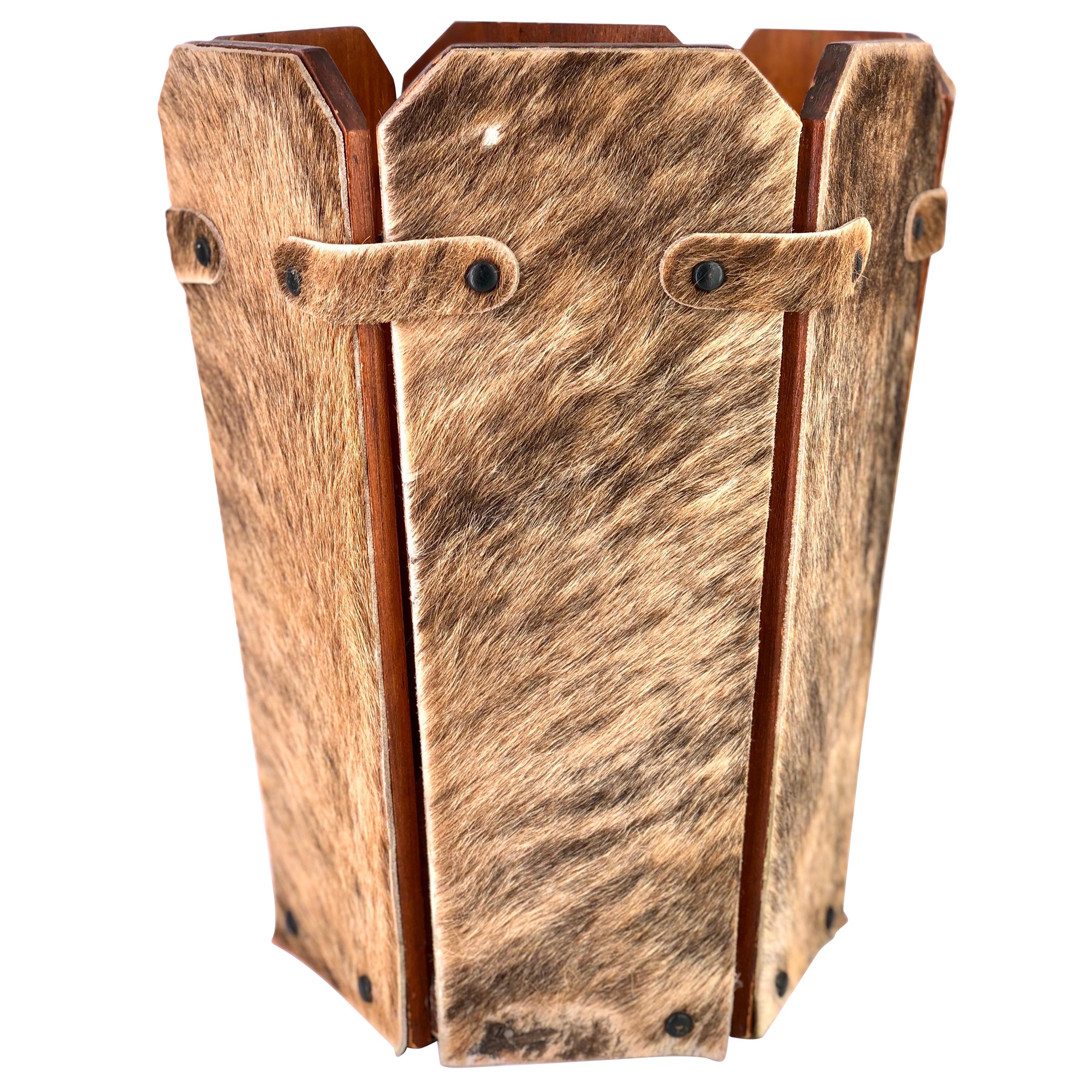 Antique Wood Cowhide Covered Rustic Waste Basket