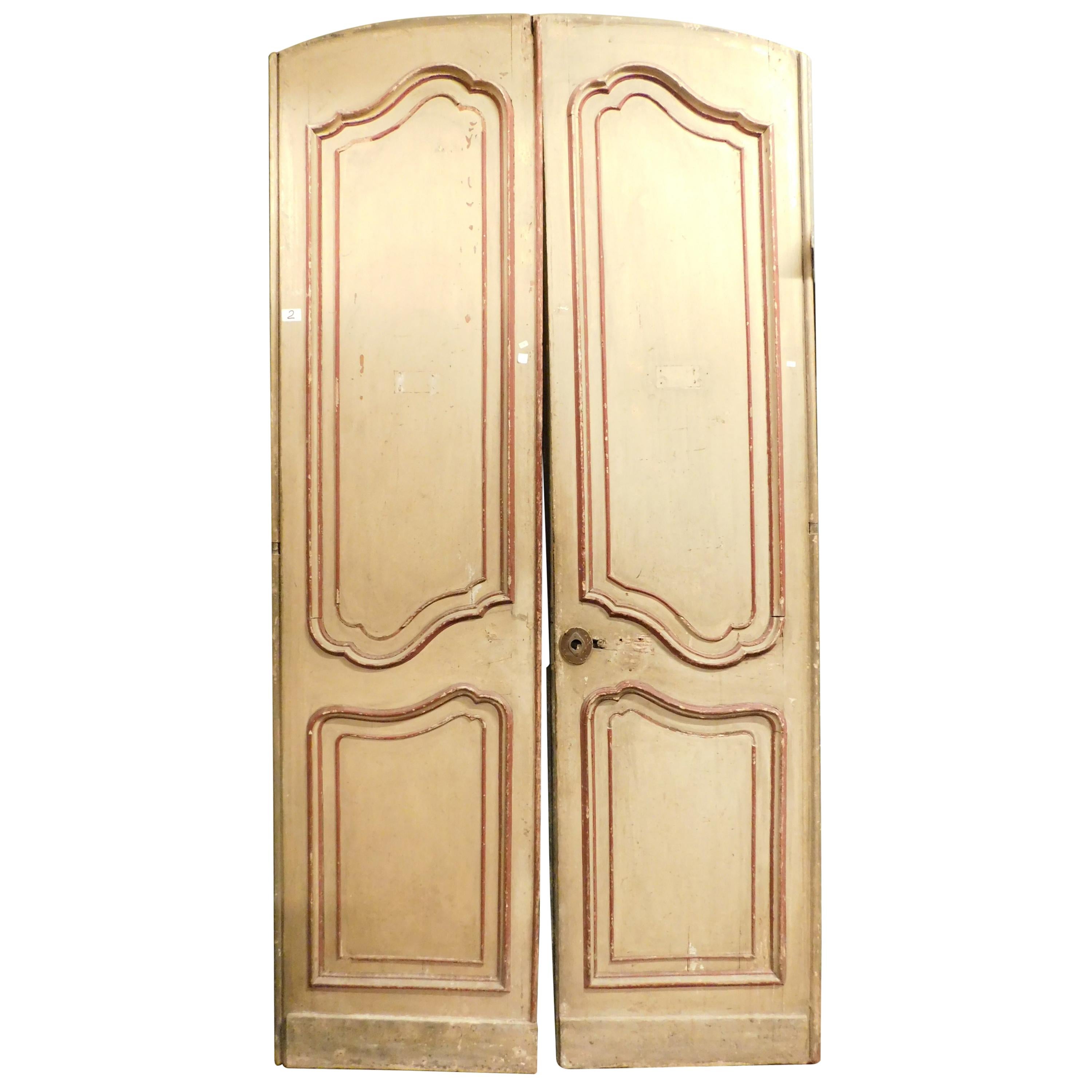 Antique Wood Double Doors Red Beige Lacquered, 1700, Italy For Sale
