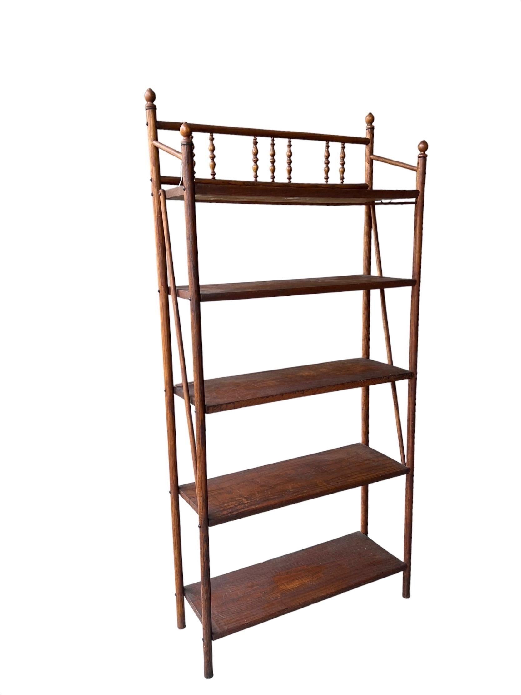 Mid-Century Modern Antique Wood Etagere Book Shelf or Bookcase Bobbin Wooden Turned Details For Sale