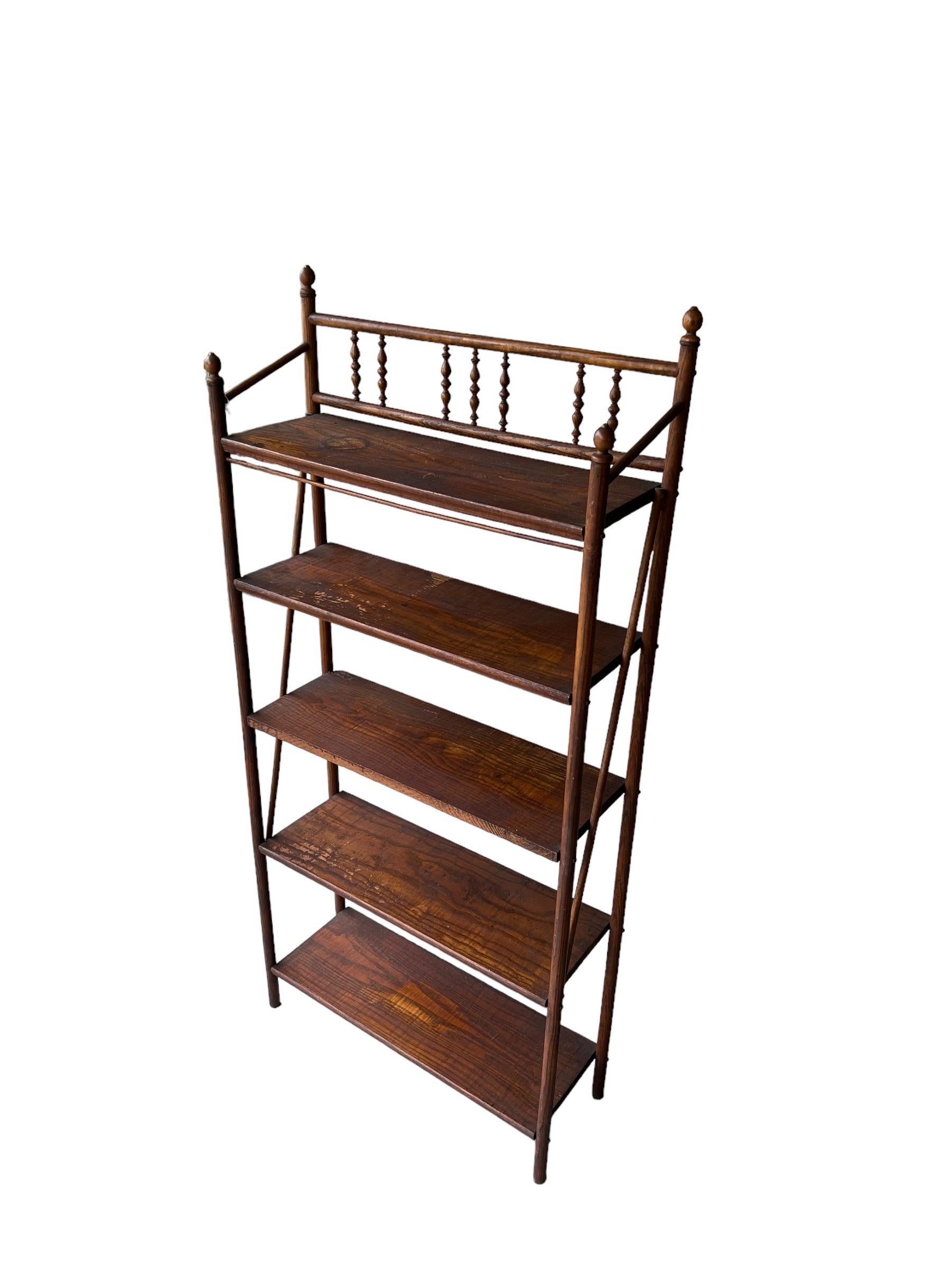 Late 20th Century Antique Wood Etagere Book Shelf or Bookcase Bobbin Wooden Turned Details For Sale