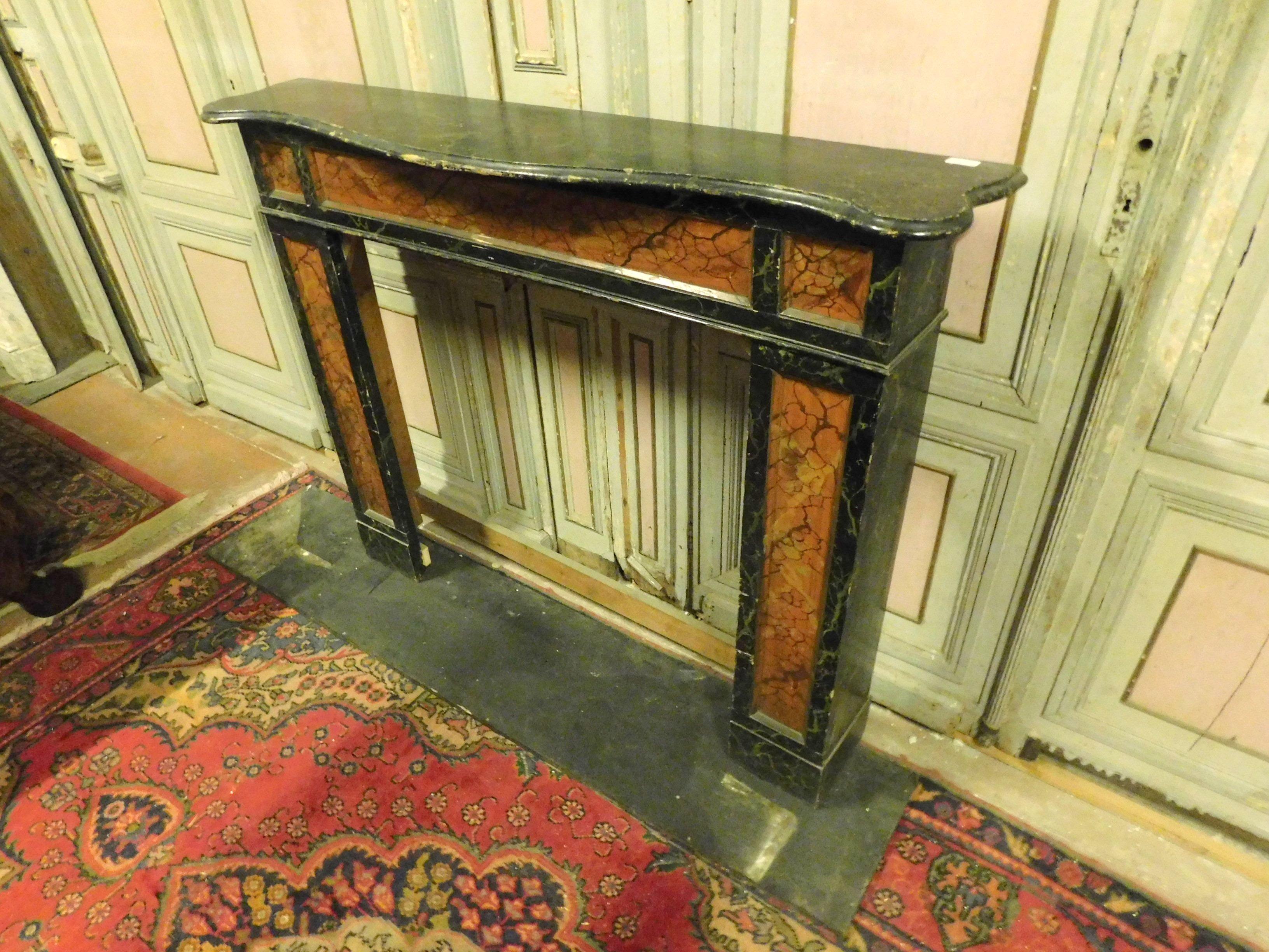 Italian Antique Wood Fireplace in Black Brown Imitation Marble Lacquered, 1800 Italy For Sale
