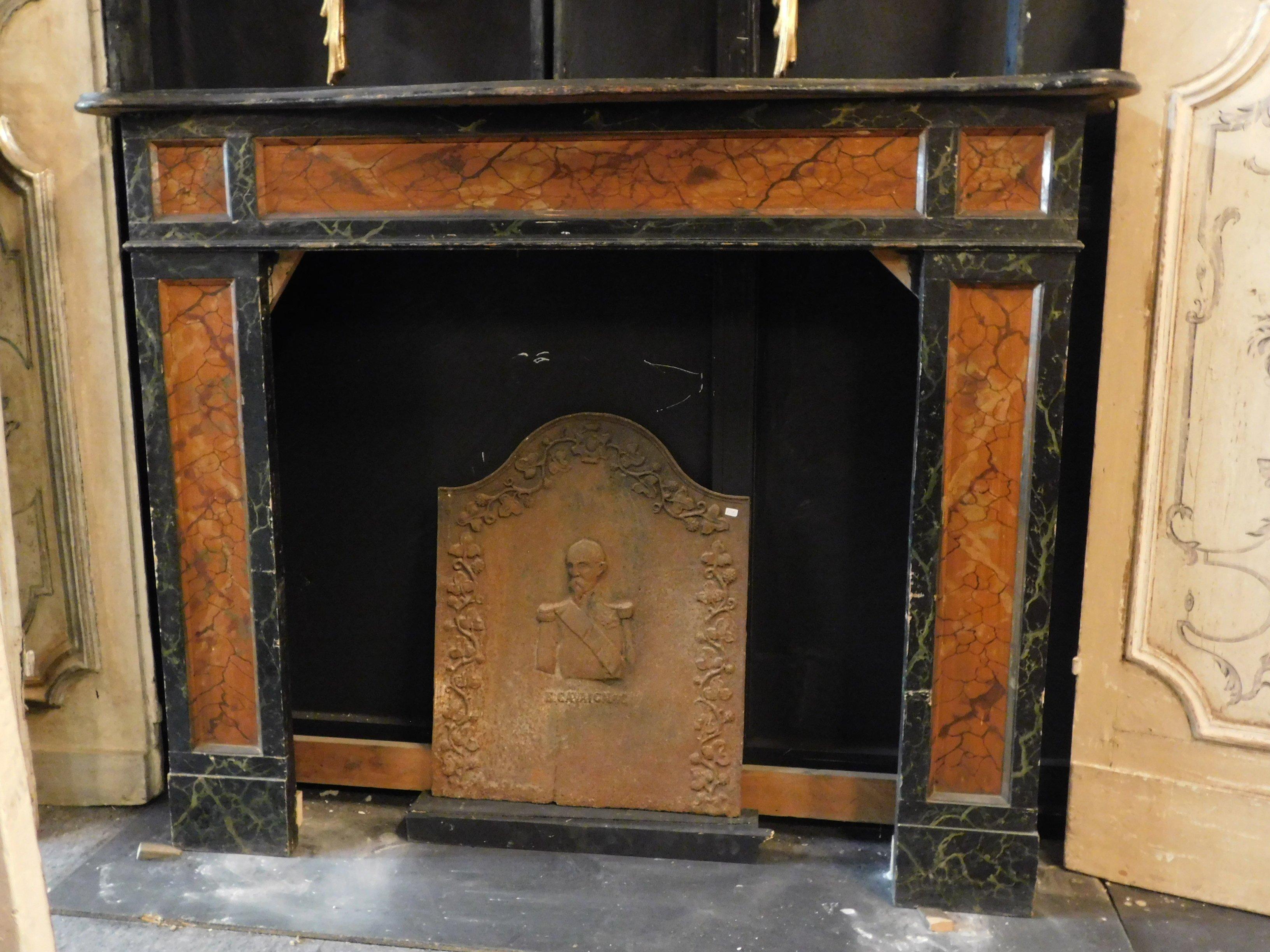 19th Century Antique Wood Fireplace in Black Brown Imitation Marble Lacquered, 1800 Italy For Sale