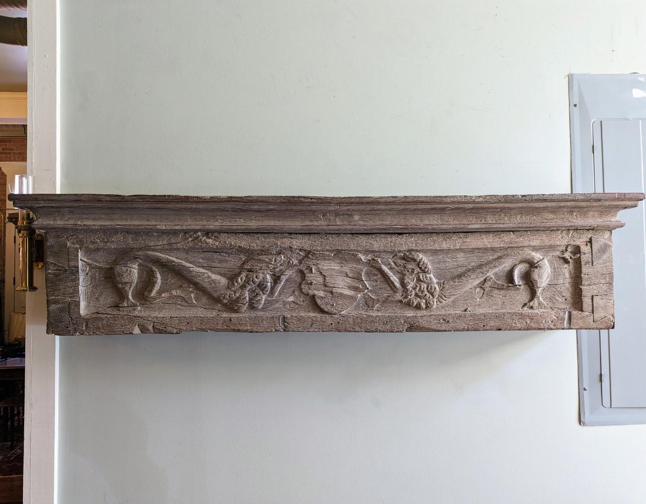 Antique Wood Fireplace Mantel with Carved Lions Rampant Heraldry Shield For Sale 3
