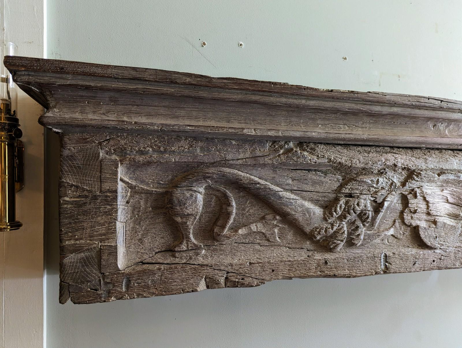 Other Antique Wood Fireplace Mantel with Carved Lions Rampant Heraldry Shield For Sale