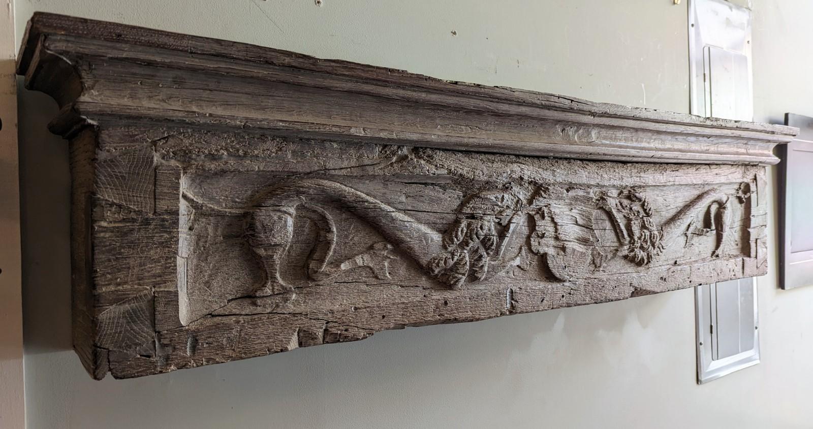 European Antique Wood Fireplace Mantel with Carved Lions Rampant Heraldry Shield For Sale