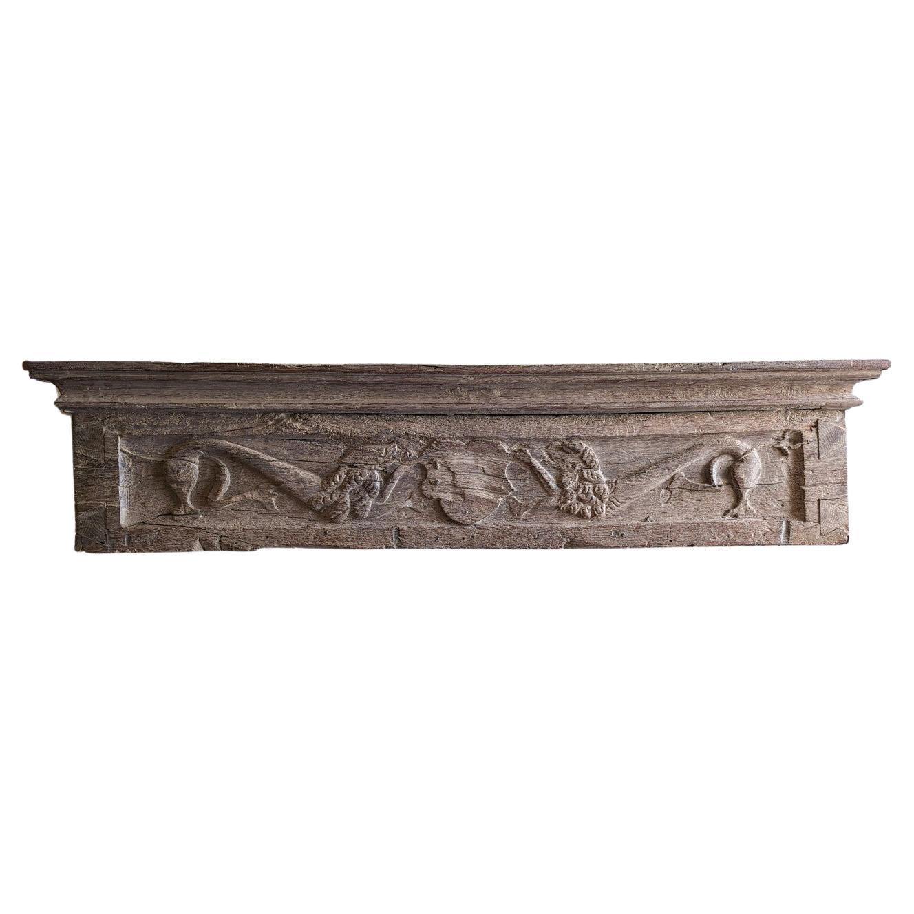 Antique Wood Fireplace Mantel with Carved Lions Rampant Heraldry Shield For Sale