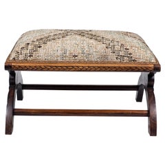 Antique Wood Footstool Upholstered in a Vintage Turkish Rug