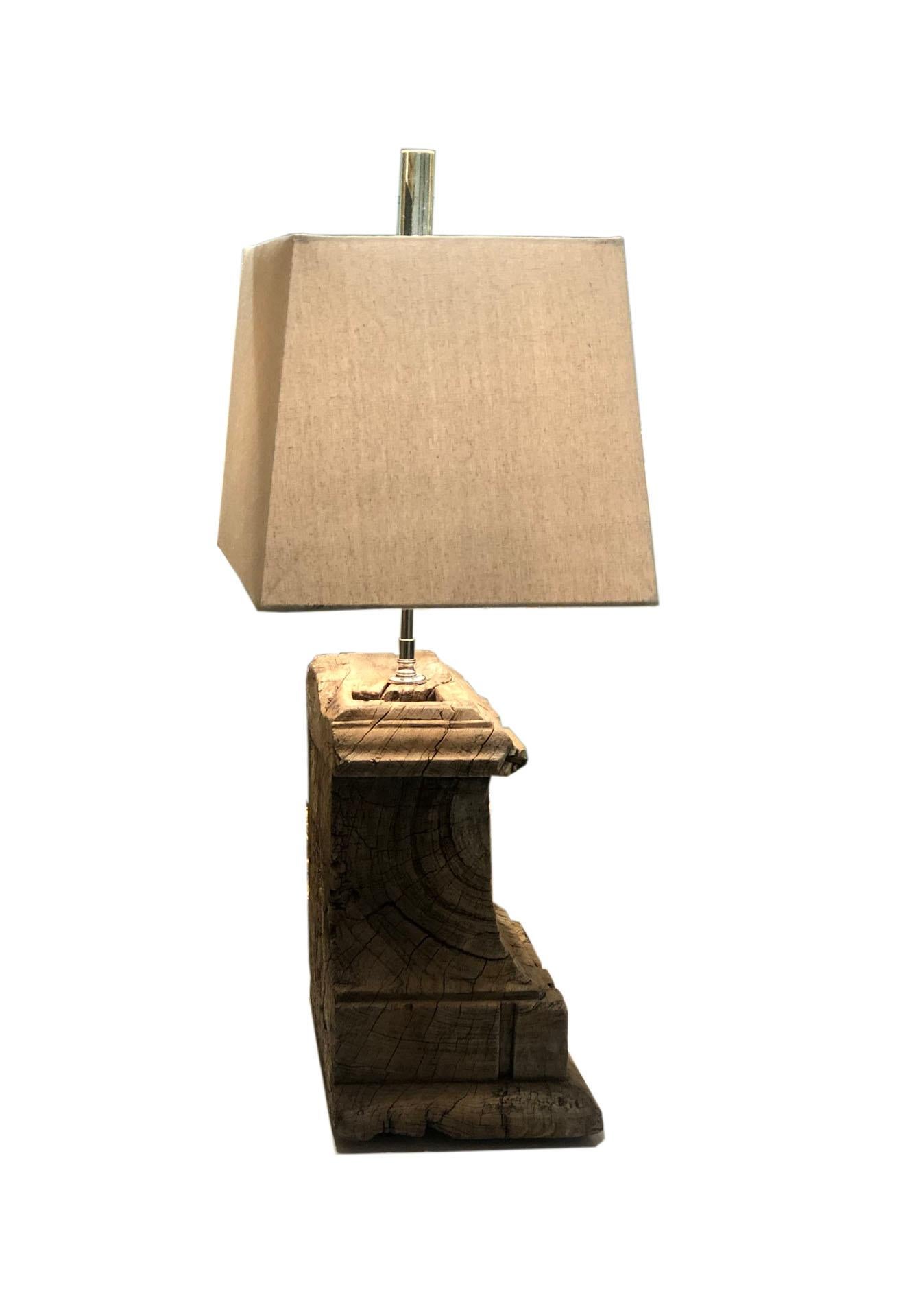 19th Century Antique Wood Fragment Lamp with Shade