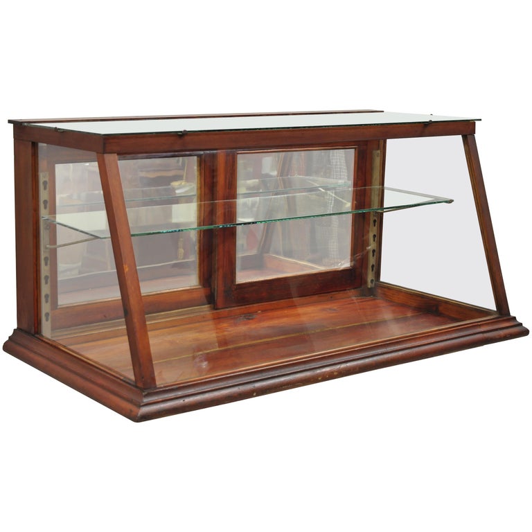 Antique Wood and Glass Angled Showcase Country Drug Store Counter Top