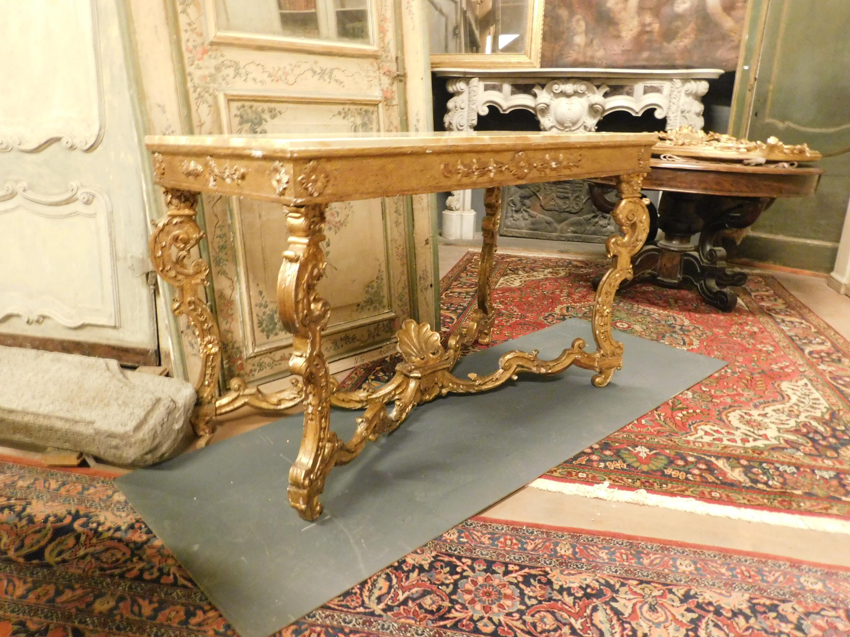 Italian Antique Wood Golden Console Table with Marble Top, 18th Century Naples, Italy