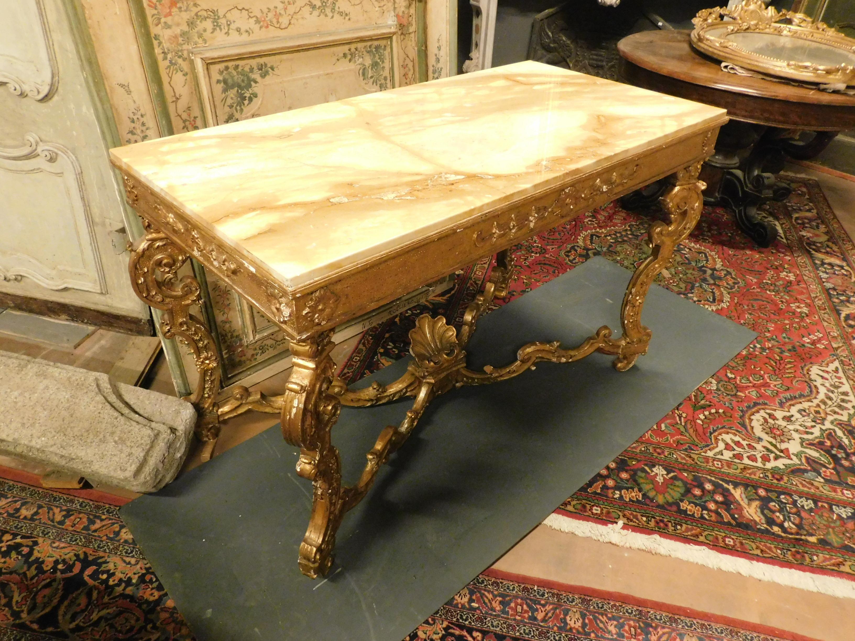 Gilt Antique Wood Golden Console Table with Marble Top, 18th Century Naples, Italy