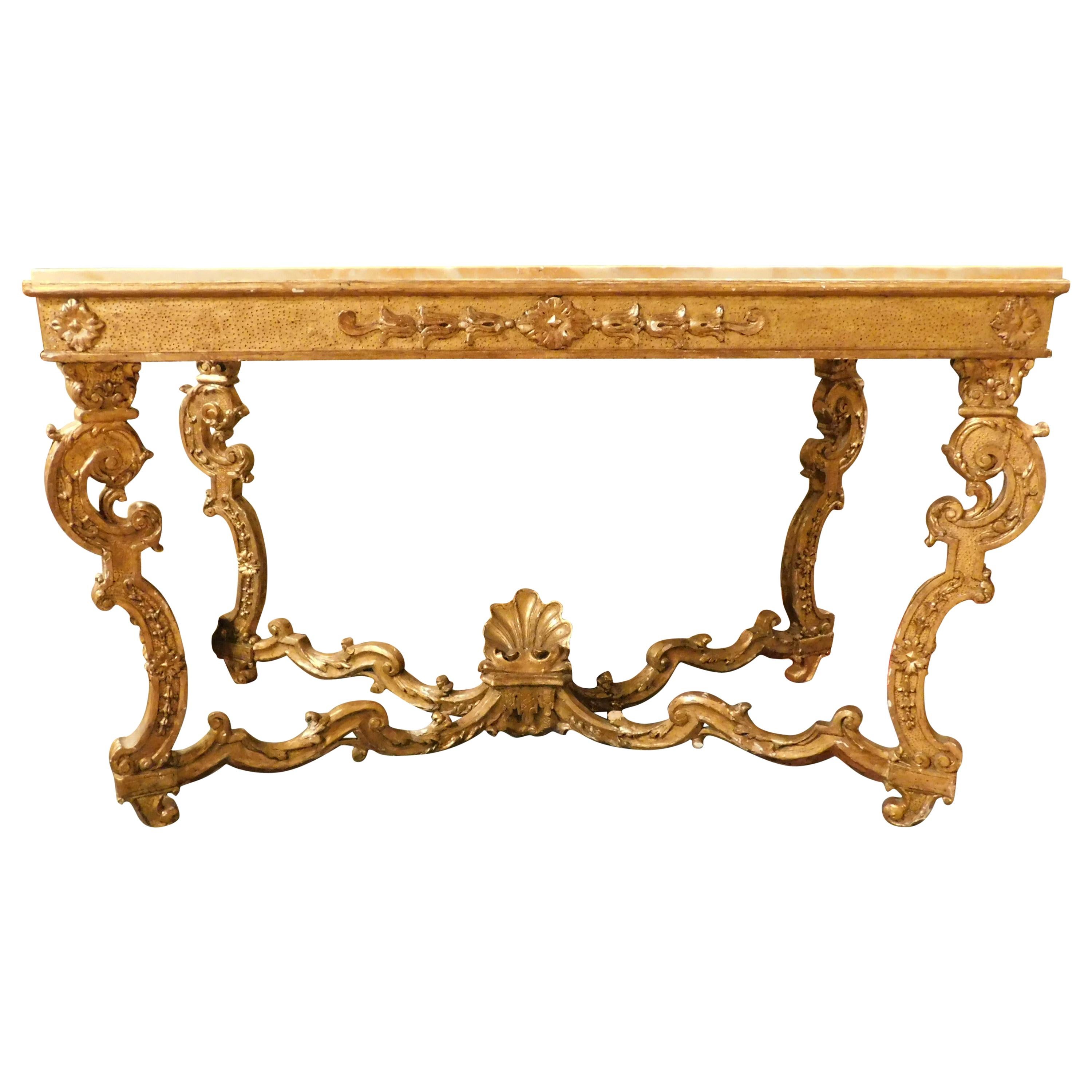 Antique Wood Golden Console Table with Marble Top, 18th Century Naples, Italy