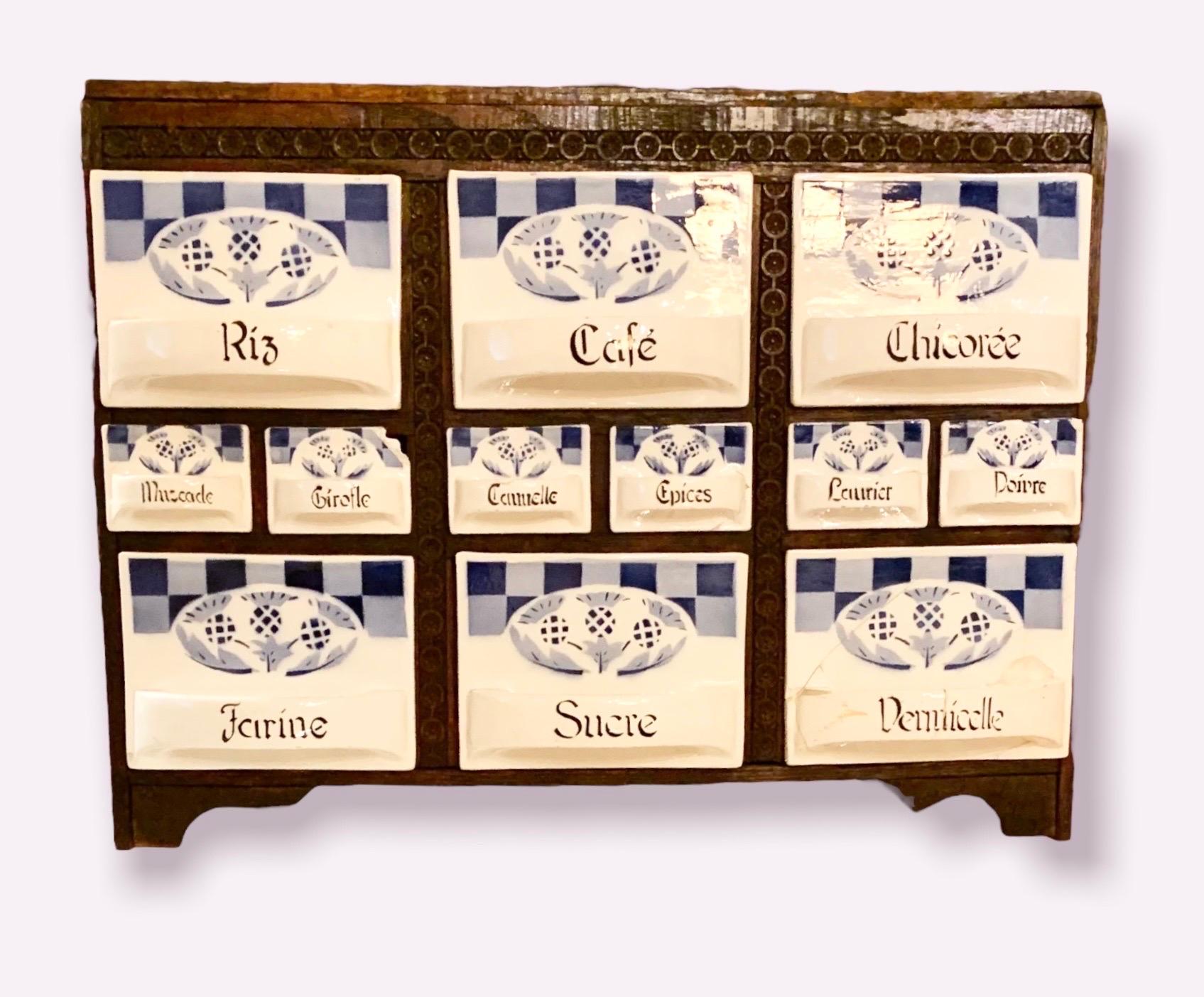 Antique Wood Hanging Spice Cabinet with Sams Blau Porcelain Containers In Fair Condition In New Orleans, LA