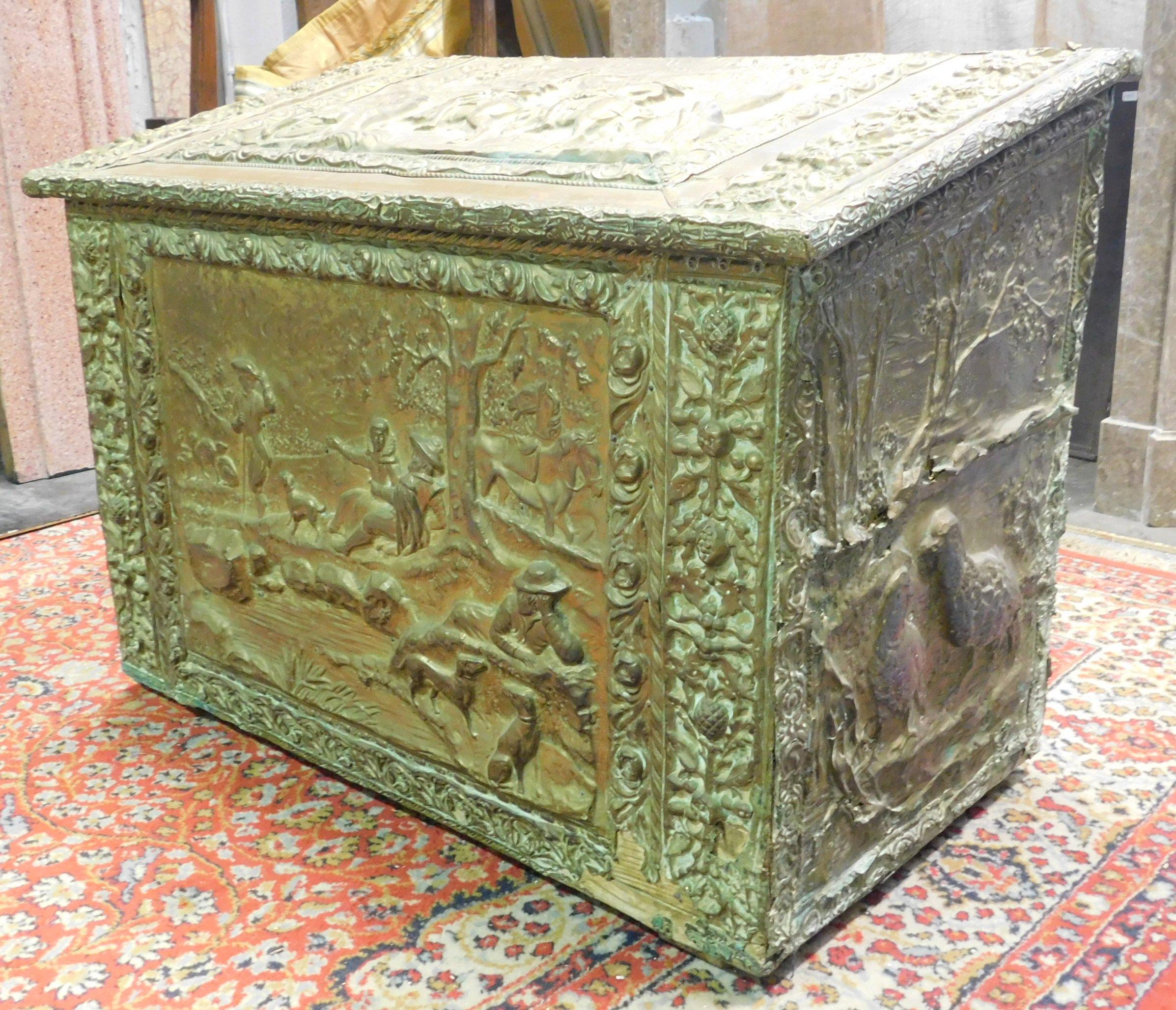 Italian Antique Wood-Holder Covered in Embossed, Gilded Brass, Late 19th Century