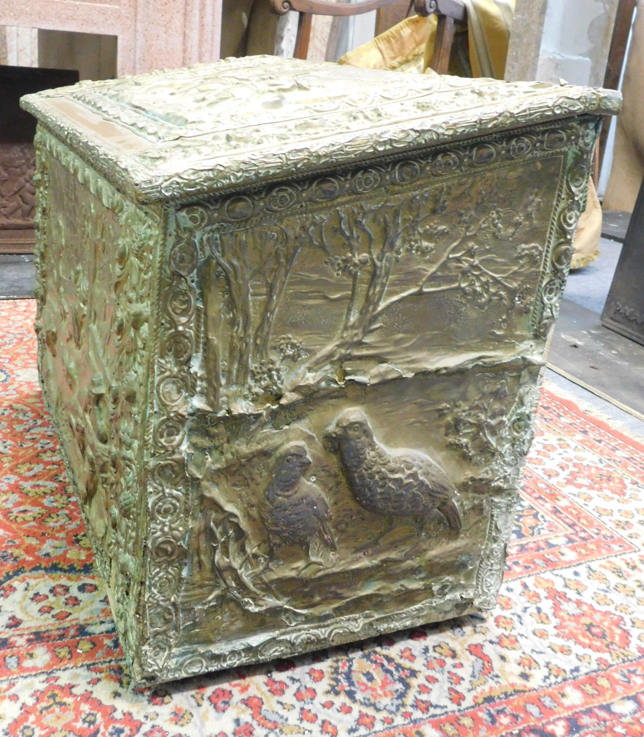 Antique Wood-Holder Covered in Embossed, Gilded Brass, Late 19th Century 3