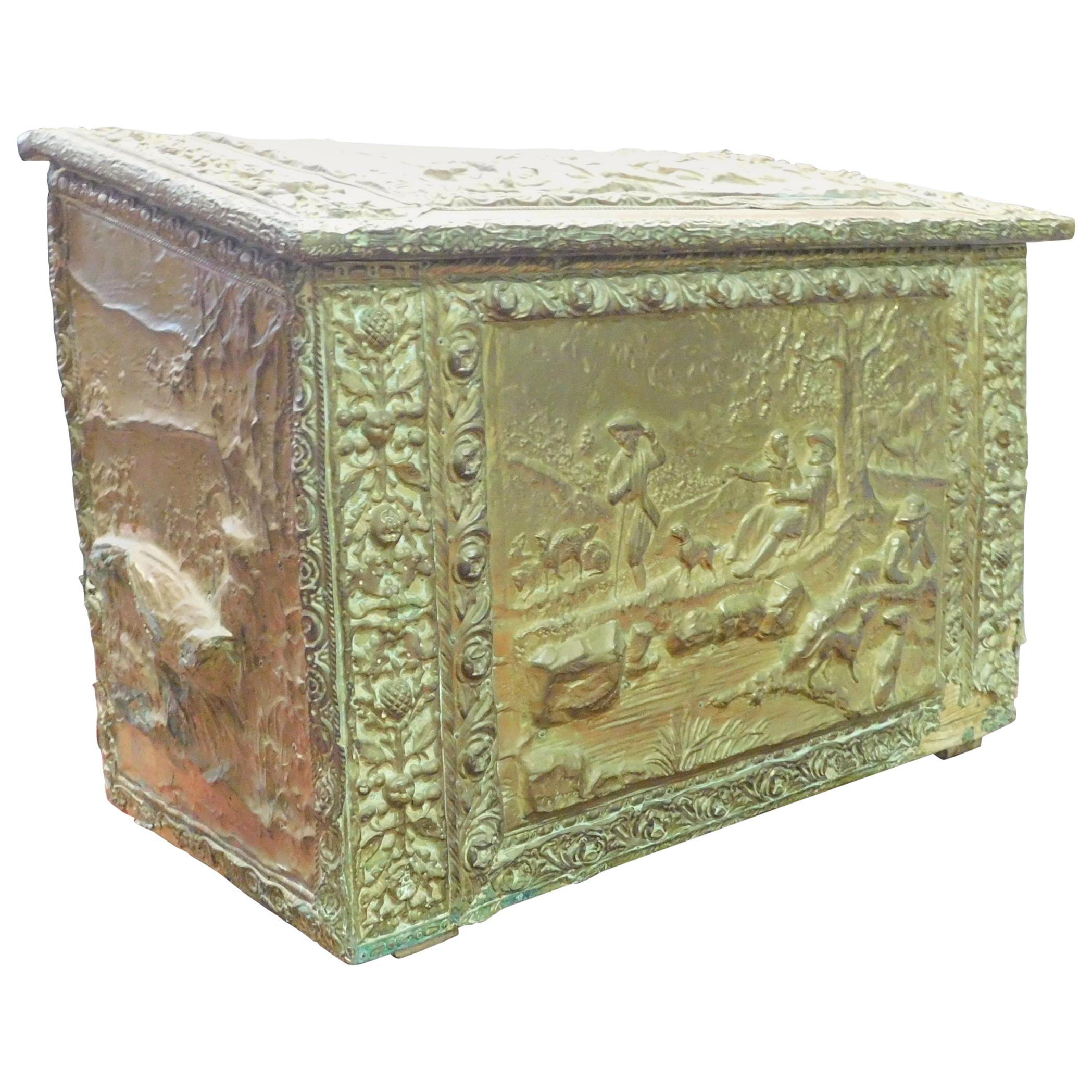 Antique Wood-Holder Covered in Embossed, Gilded Brass, Late 19th Century