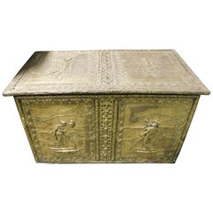 Antique Wood Holder Covered with Embossed Brass, Gilt Figures, 1800 Italy