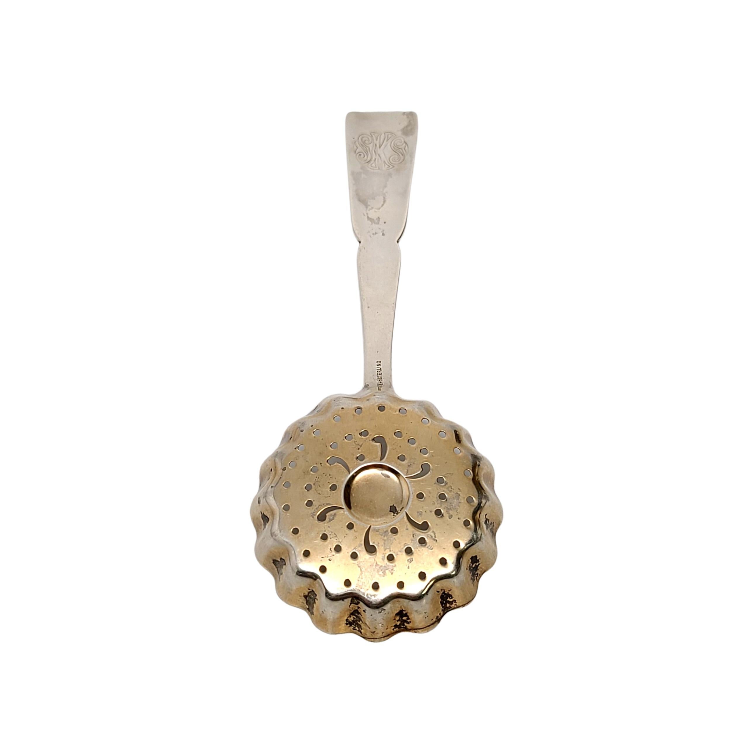 Sterling silver with gold wash bowl sugar sifter by Wood & Hughes in the Byzantine pattern, with monogram.

Monogram appears to be SKS on the back of the handle.

Wood & Hughes' Byzantine is a multi motif pattern designed in 1875. The pattern