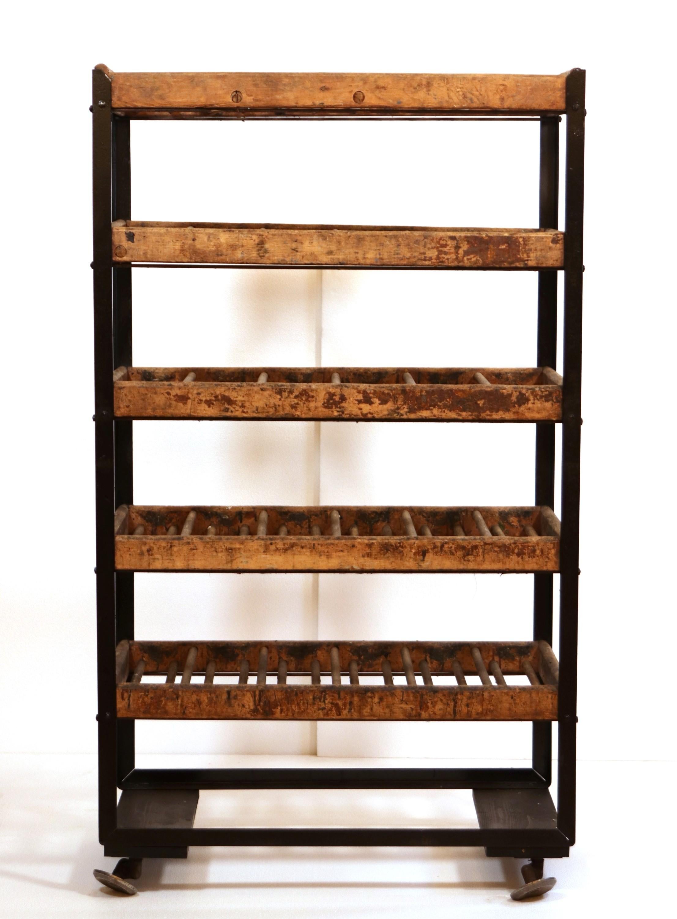 Antique Wood and Metal Shoe Factory Drying Rack Four Shelves For Sale at 1stDibs antique wooden shoe rack antique shoe racks for sale