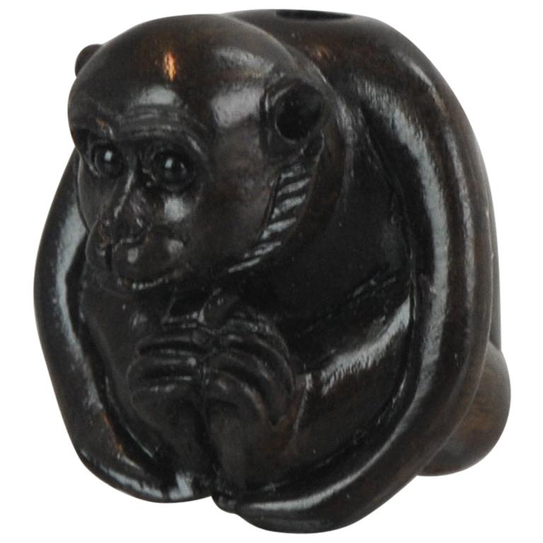 Antique Wood Monkey Netsuke 19th-20th Century Japanese Masakazu, Japan