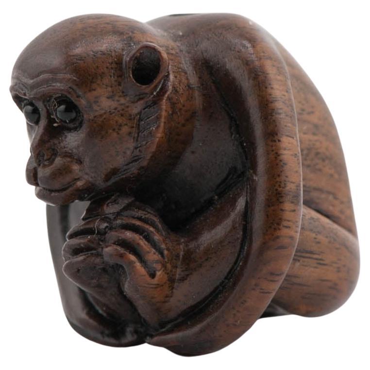 Escultura Netsuke Antiguo Mono de Madera Japonesa Masakazu Japón, Siglo 19/20