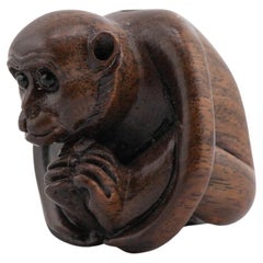 Escultura Netsuke Antiguo Mono de Madera Japonesa Masakazu Japón, Siglo 19/20