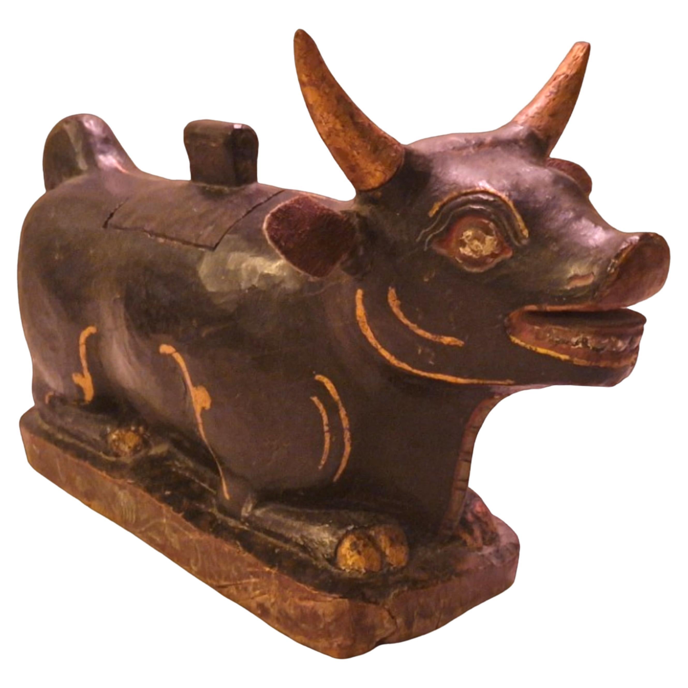 Antique wood "Nandi" bull carving with storage space, India 1900th For Sale
