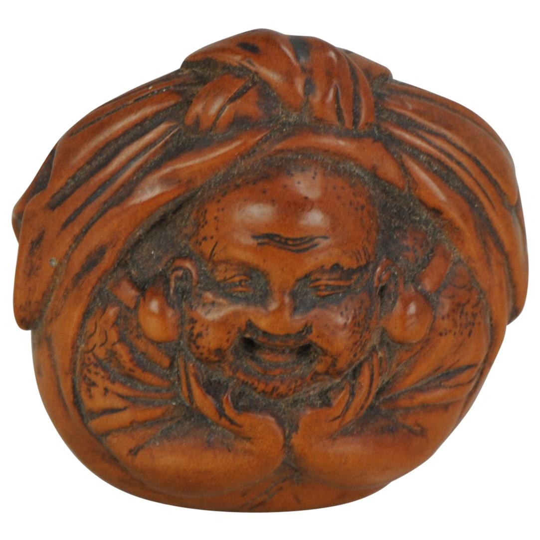 Antique Wood Netsuke Hotei with Fan Japanese Signed Shojaku Japan
