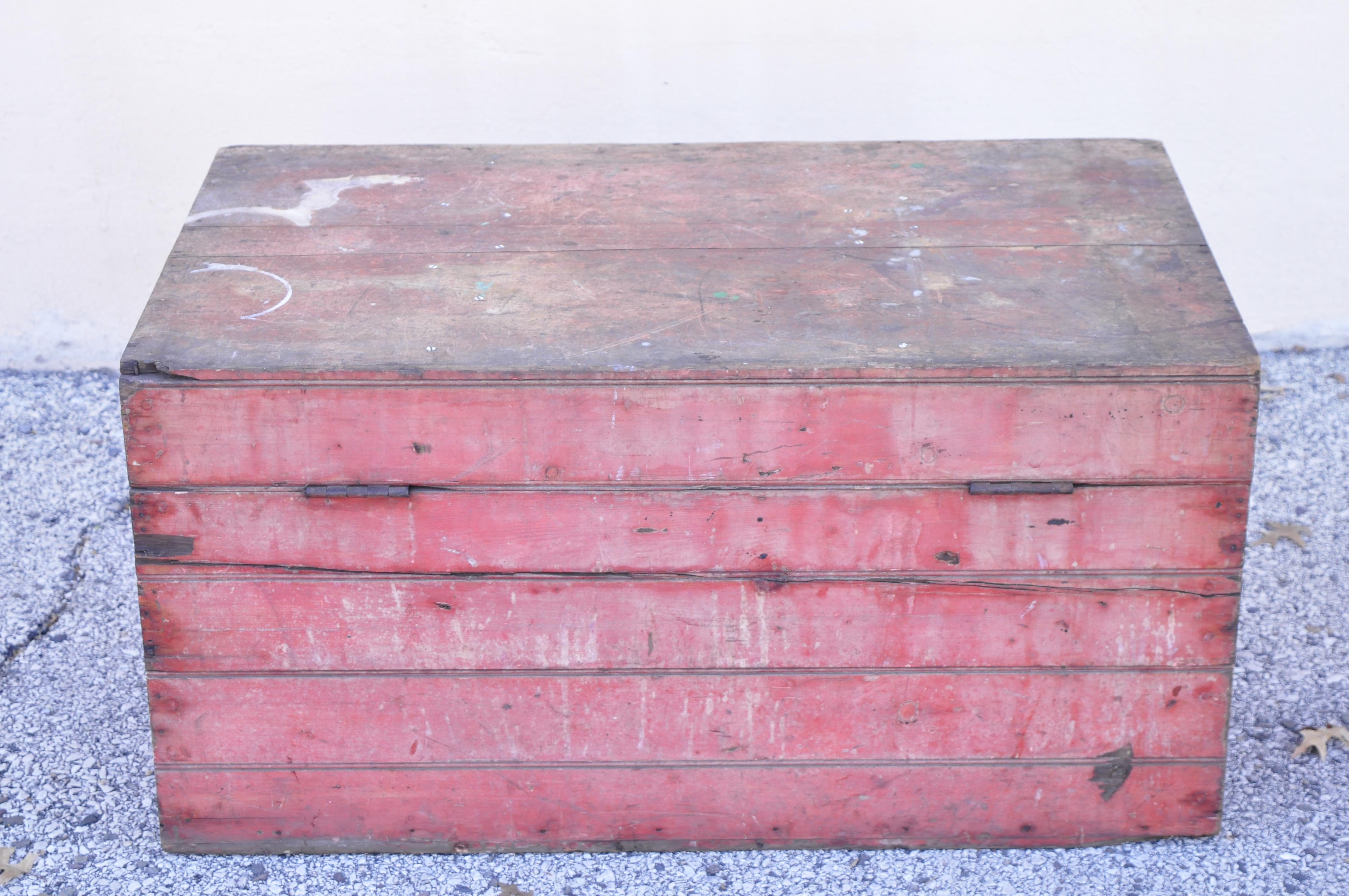 Antique Wood Country Red Distress Painted Trunk Treasure Blanket Chest For Sale 1