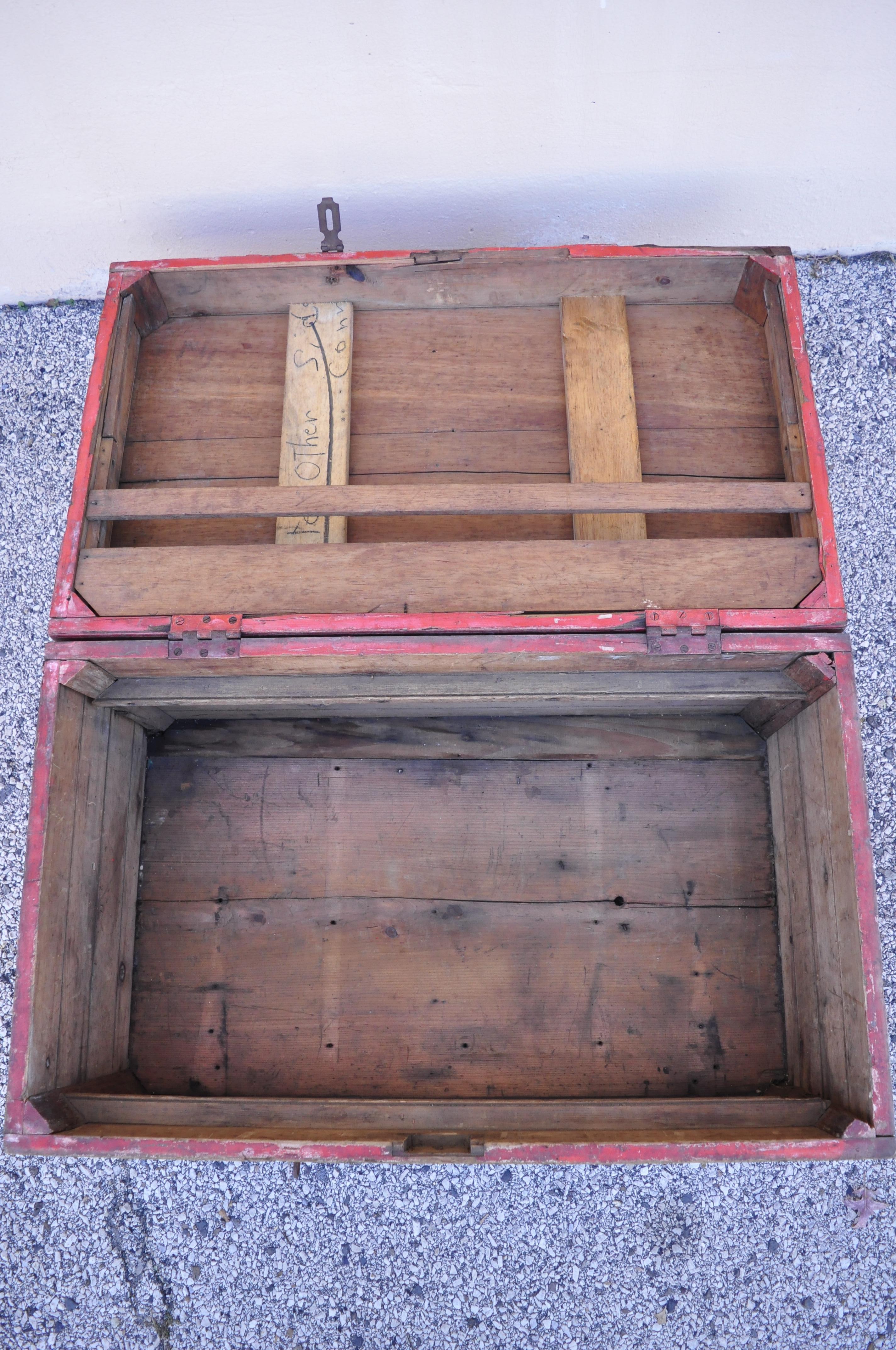 Antique Wood Country Red Distress Painted Trunk Treasure Blanket Chest For Sale 2