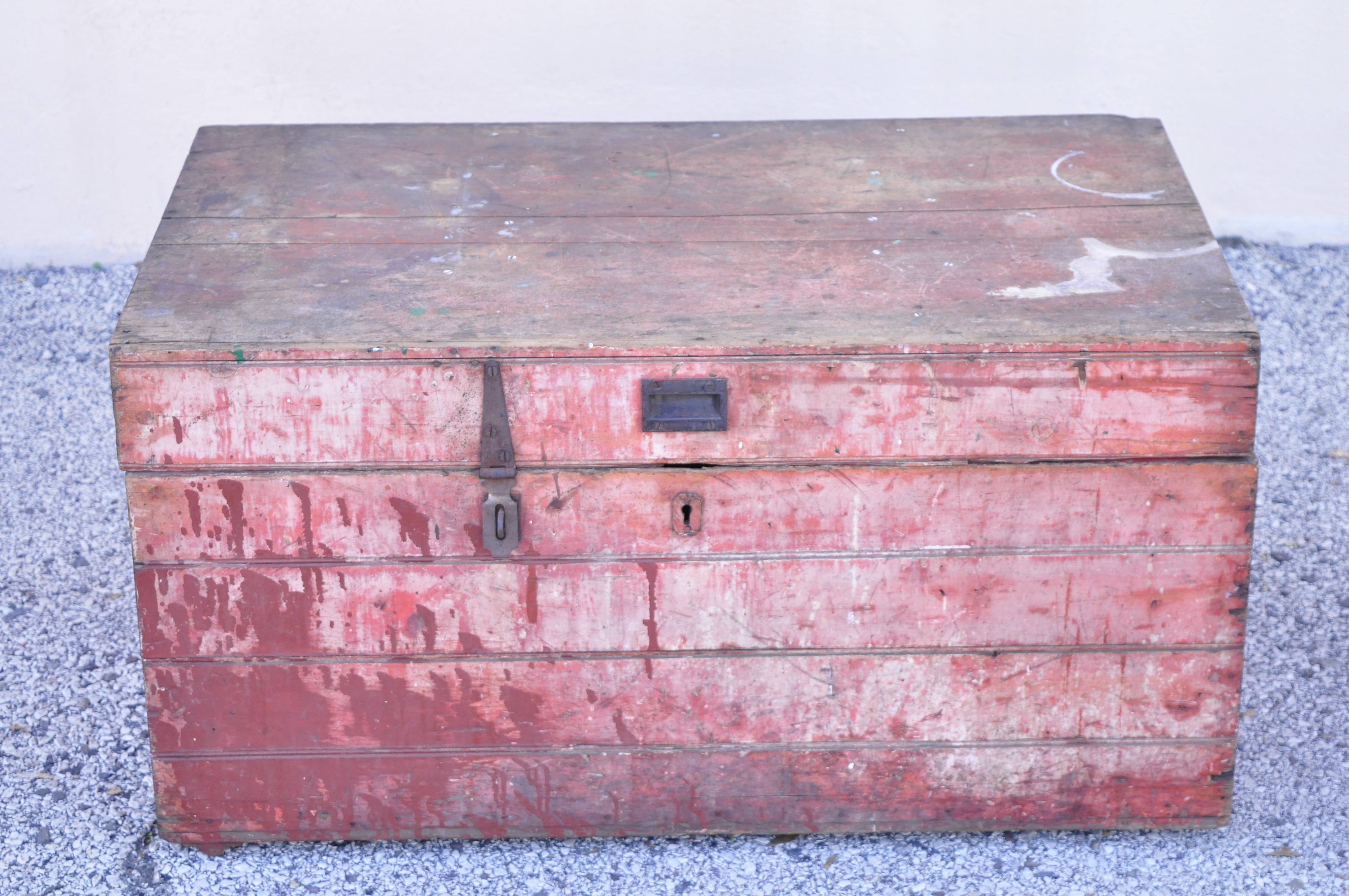 Antique wood country red distress painted trunk treasure blanket chest. Item features red distressed/weathered painted finish, cast iron hardware, wood construction, no key, but unlocked, very nice antique item, quality American craftsmanship. Circa