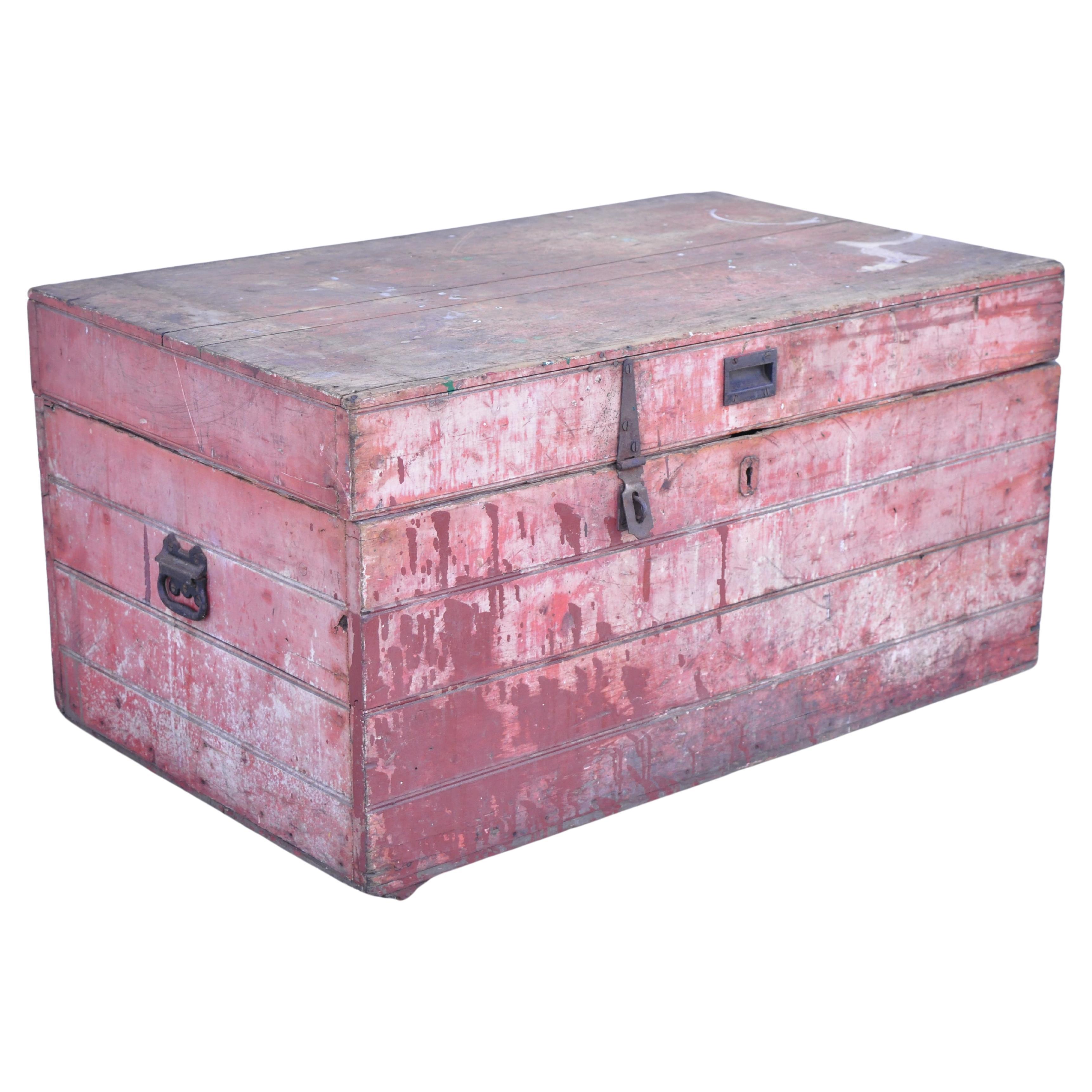 Antique Wood Country Red Distress Painted Trunk Treasure Blanket Chest For Sale