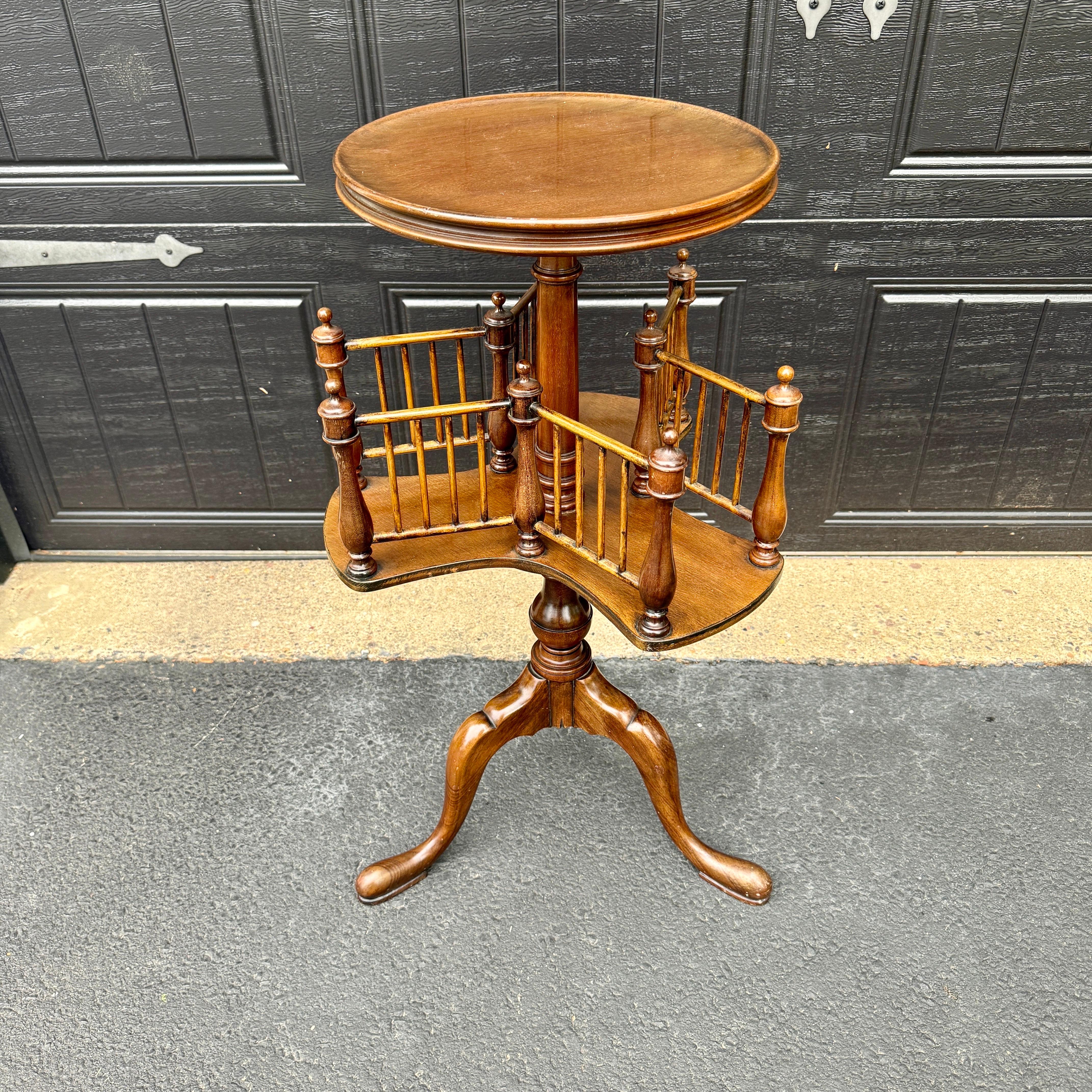 Hand-Crafted Antique Wood Revolving Book Stand Side Table