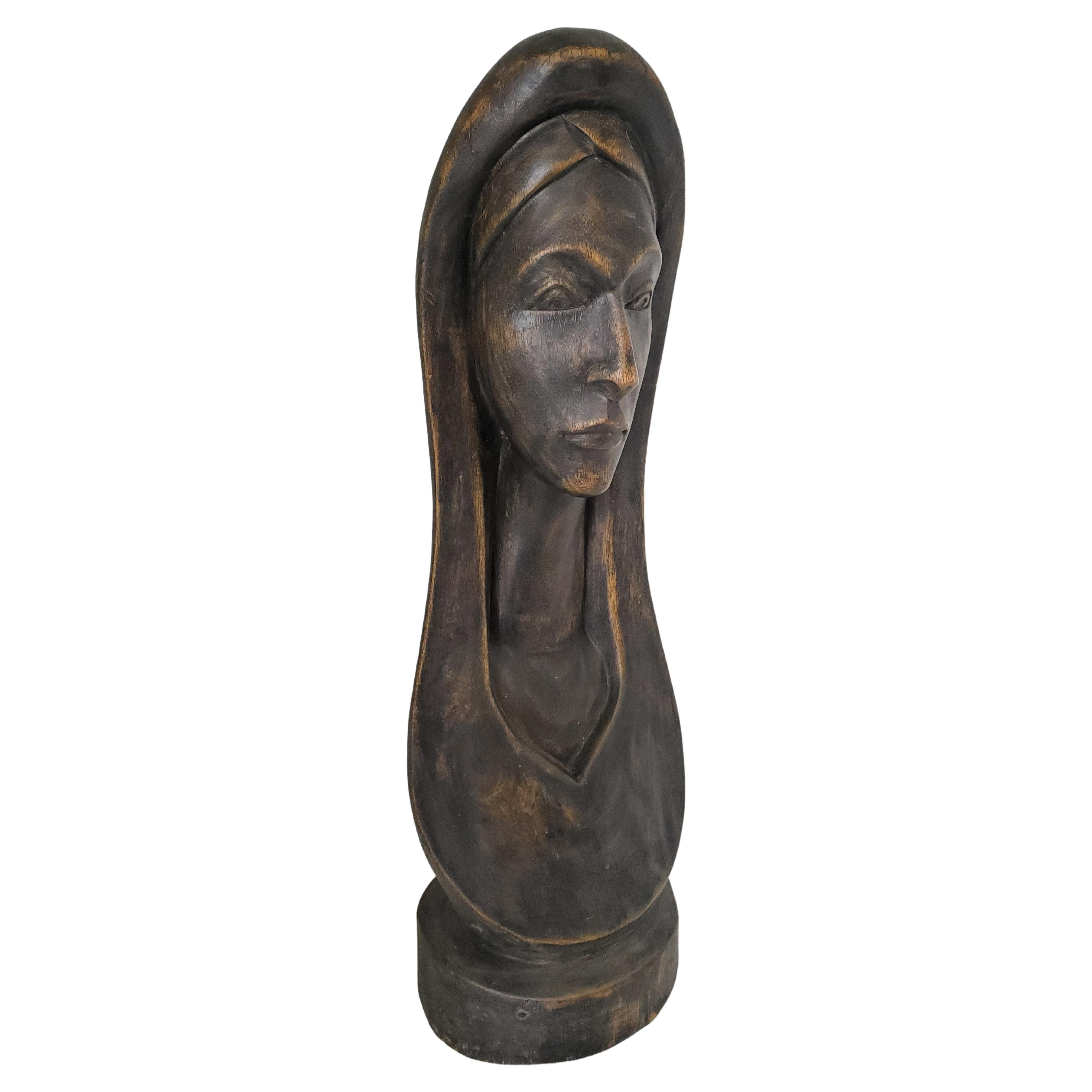 Antique Wood Sculpture or Bust of a Woman or Madonna - Hand Carved and Bronzed For Sale