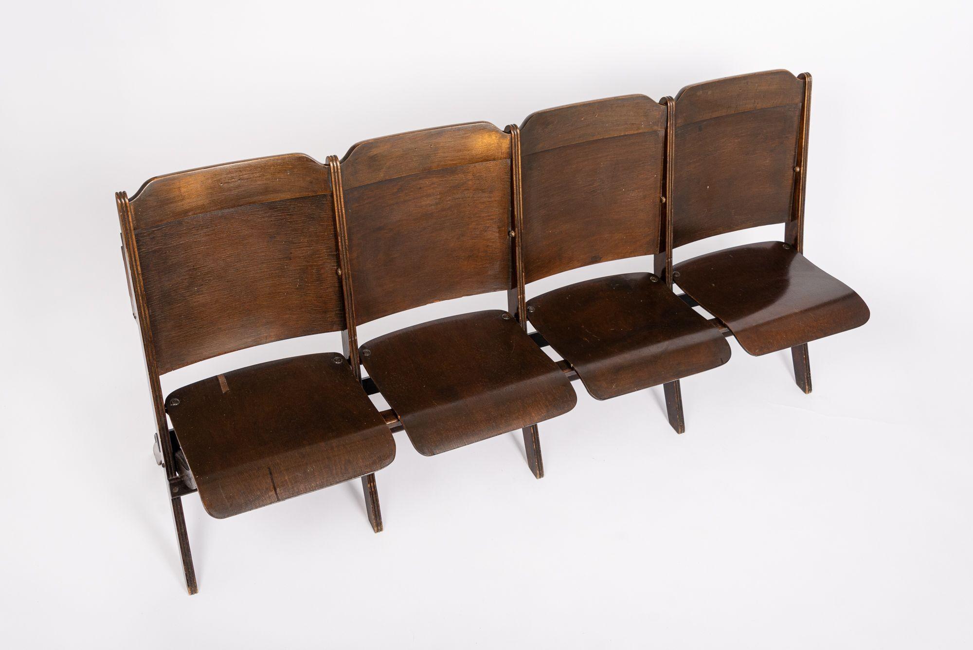 Mid-20th Century Antique Wood Theater Chairs Four-Seat Folding, GM Building, Detroit