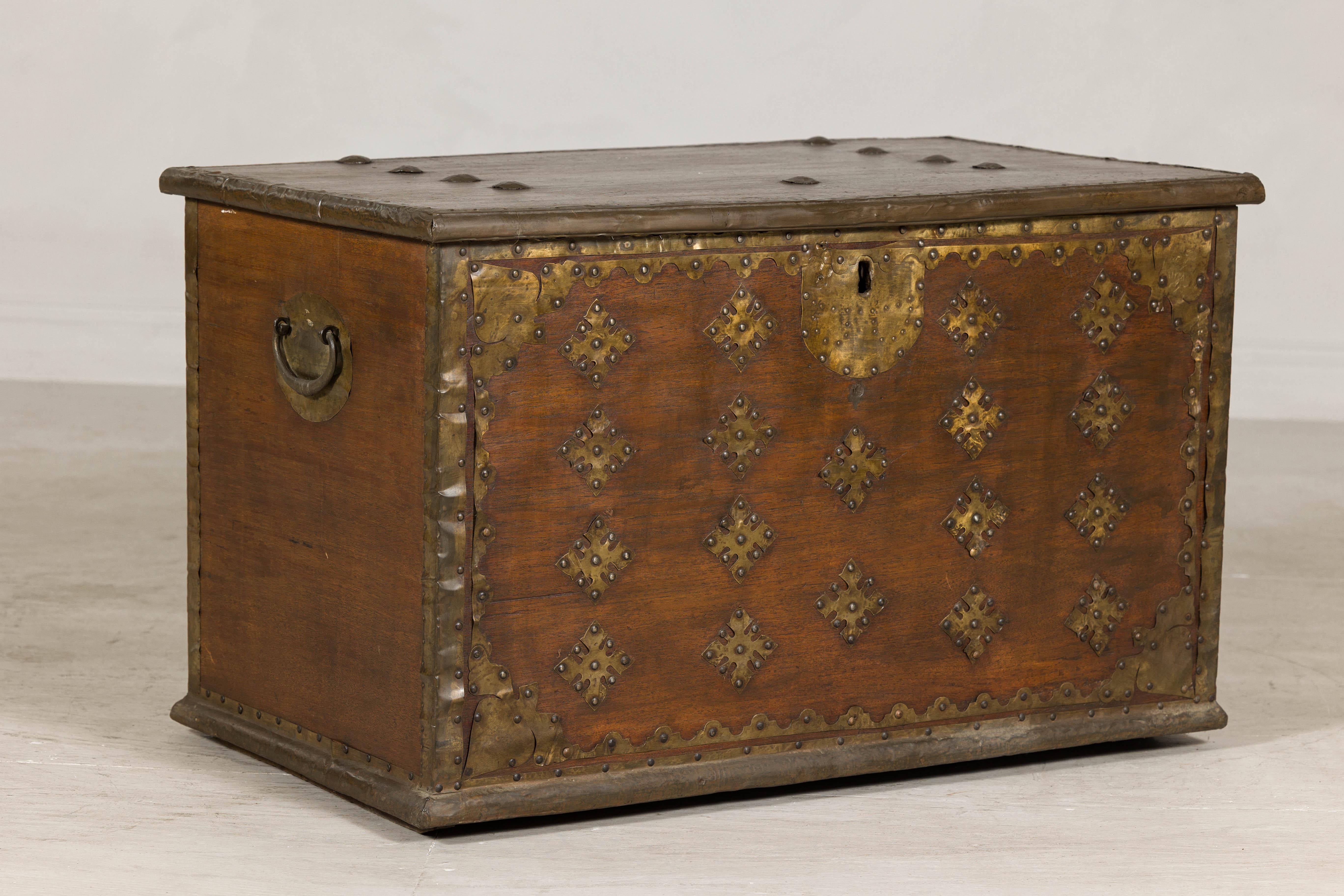 Antique Wood Trunk with Brass Studded Decoration and Side Handles 4