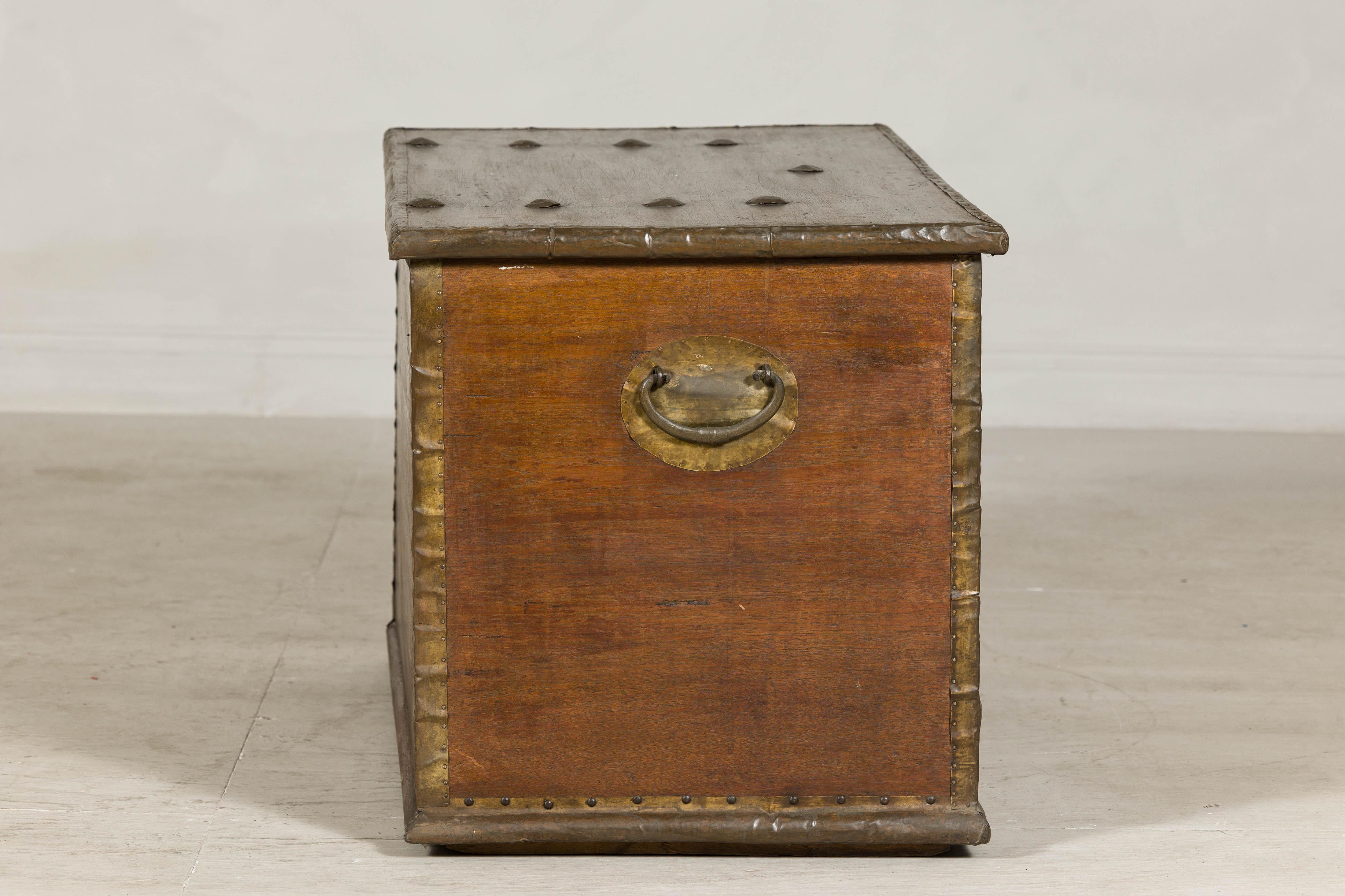 Antique Wood Trunk with Brass Studded Decoration and Side Handles 5