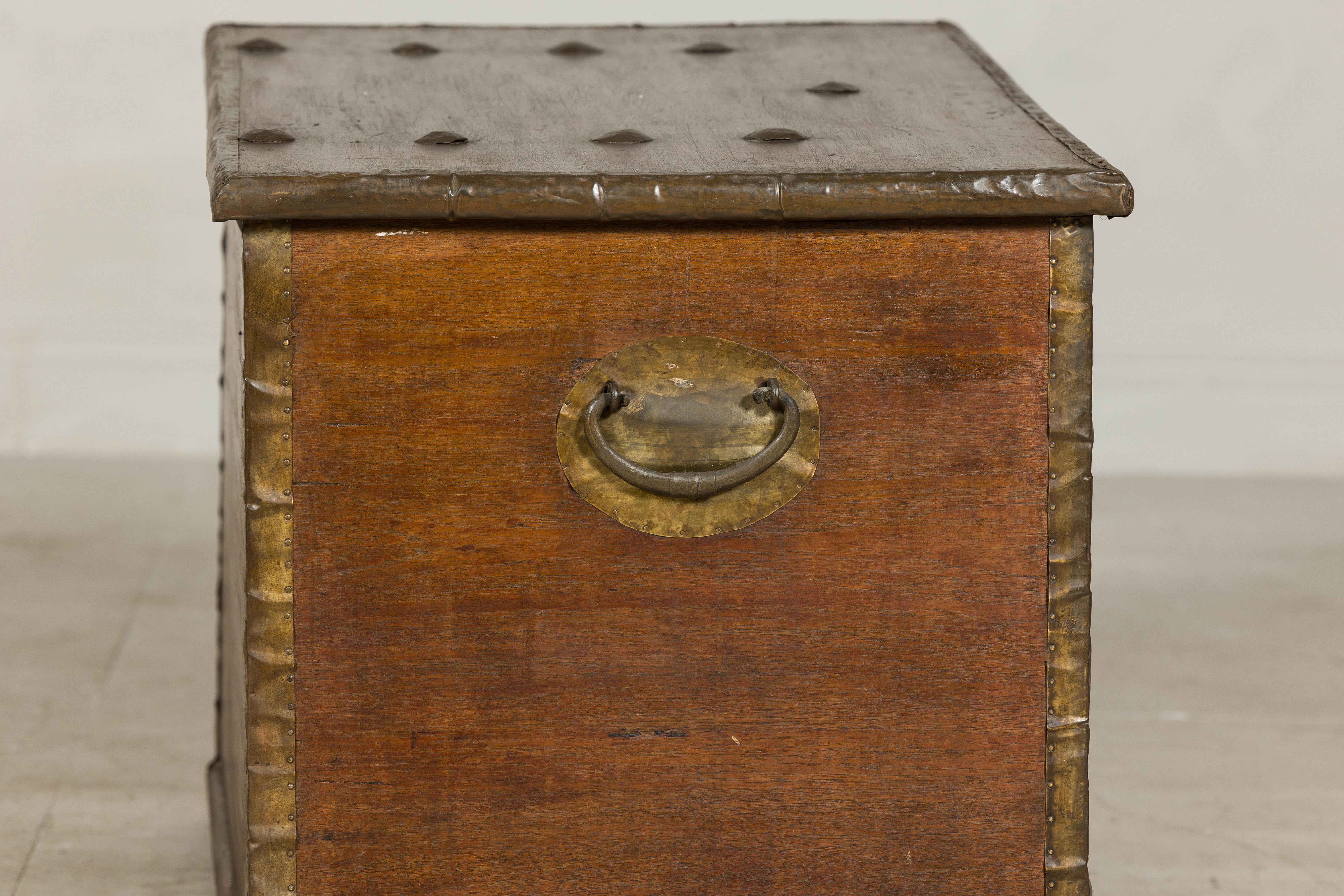 Antique Wood Trunk with Brass Studded Decoration and Side Handles 6