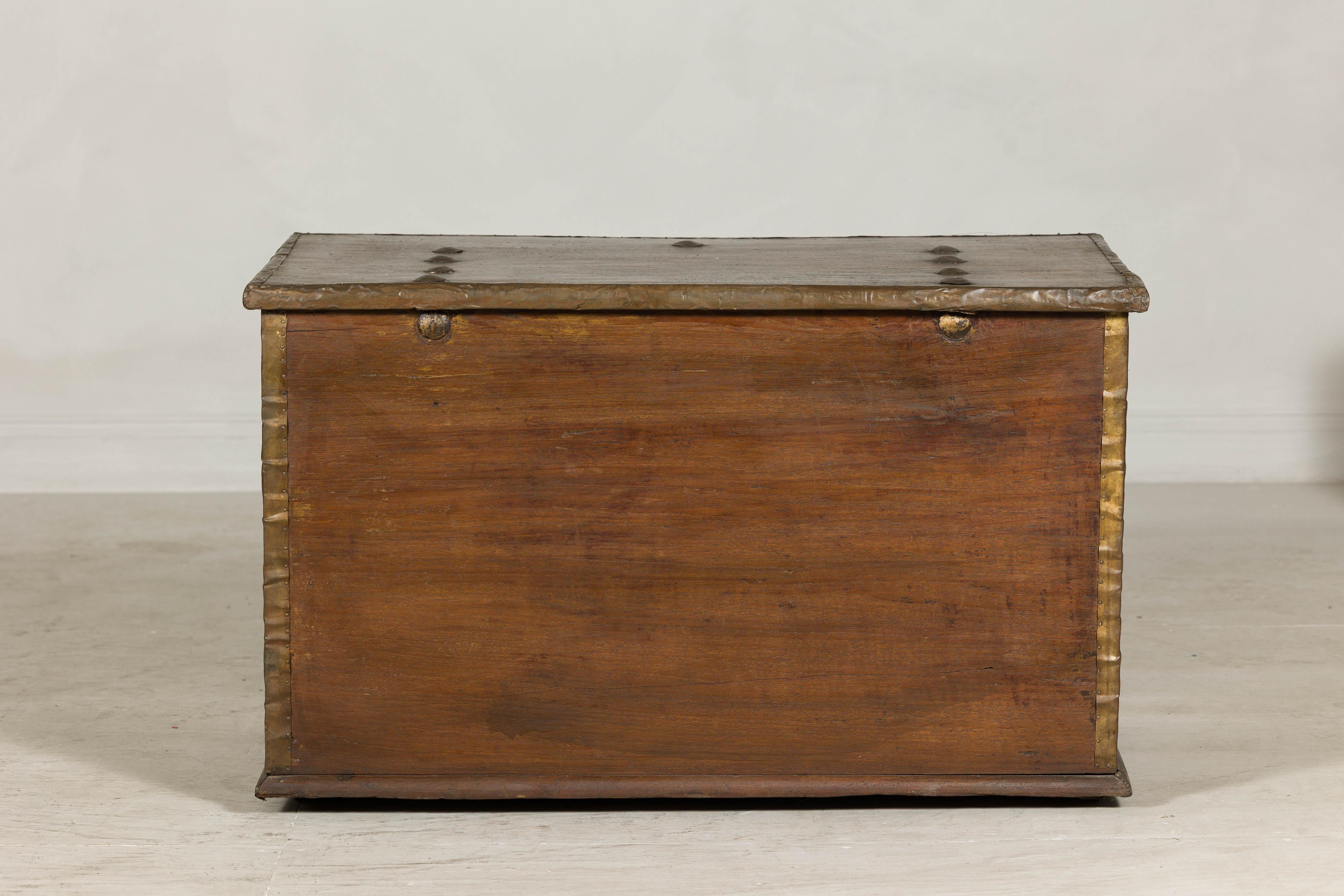 Antique Wood Trunk with Brass Studded Decoration and Side Handles 7